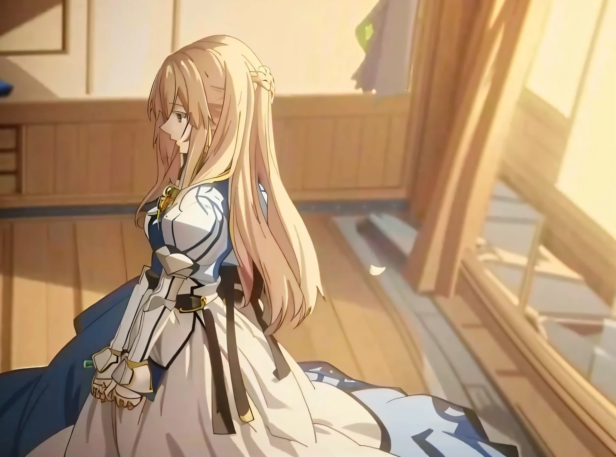 Anime image of a woman with long blonde hair and a blue dress, Destiny / Stay Night, Destiny Stay Night, Destiny Big Order, inspired by Artoria, anime styles such as Destiny / Stay Night, Destiny / Zero, Destiny Zero, Happy!!!, but armor covers her face, Artoria Pendragon, detailed key anime art,!! Beautiful!!