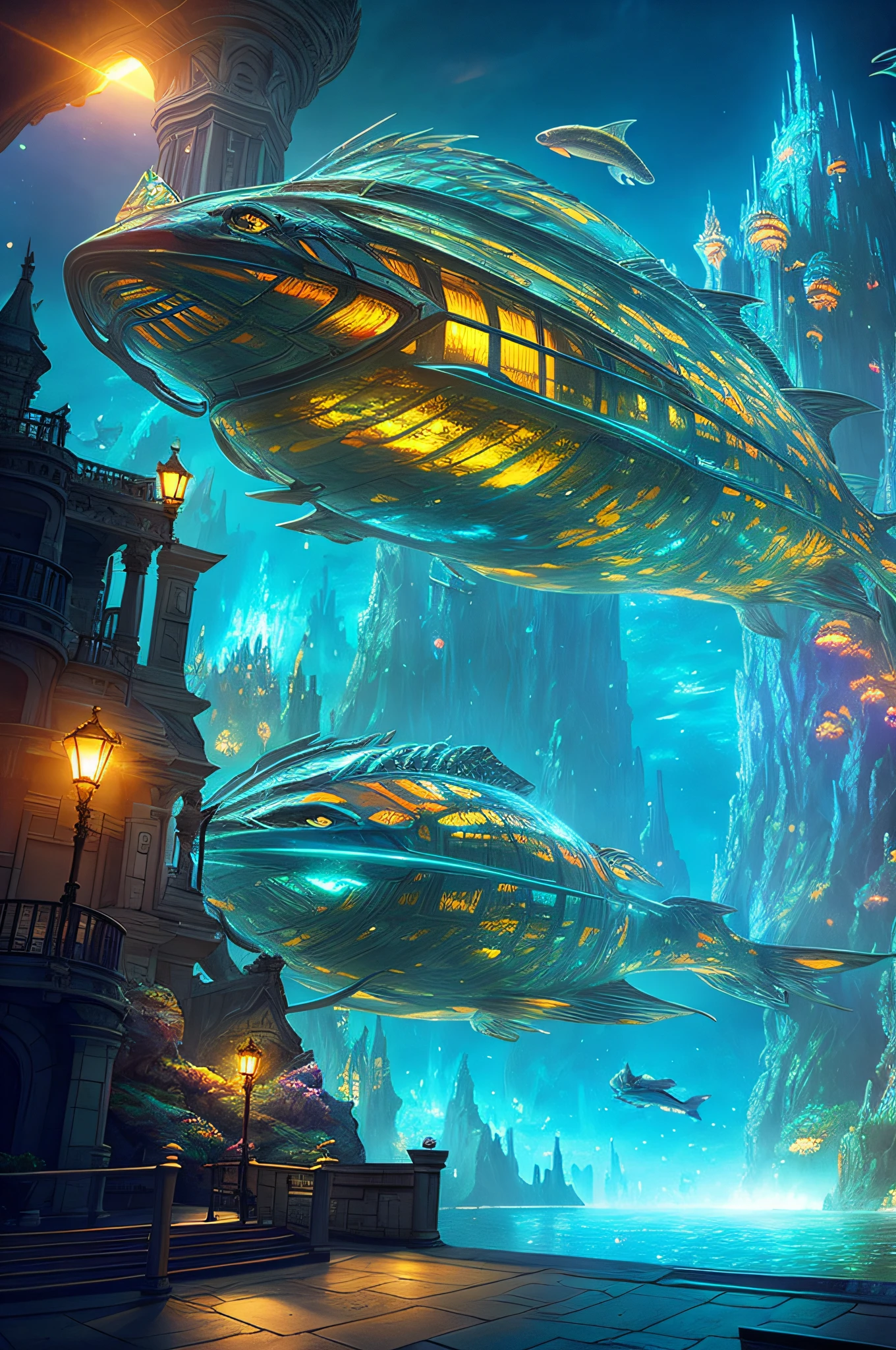 Fantasy-Konzeptkunst, ein transparentes Gebäude als riesiges Aquarium mit Fischen in der Nacht, schöne Lichtdekoration, Weitwinkelobjektiv, 8k-Octan-Rendering, Realistisch, epische Aufnahmen, Filmbeleuchtung, detaillierte Architektur, detaillierter Fisch, Brillant und farbenfroh