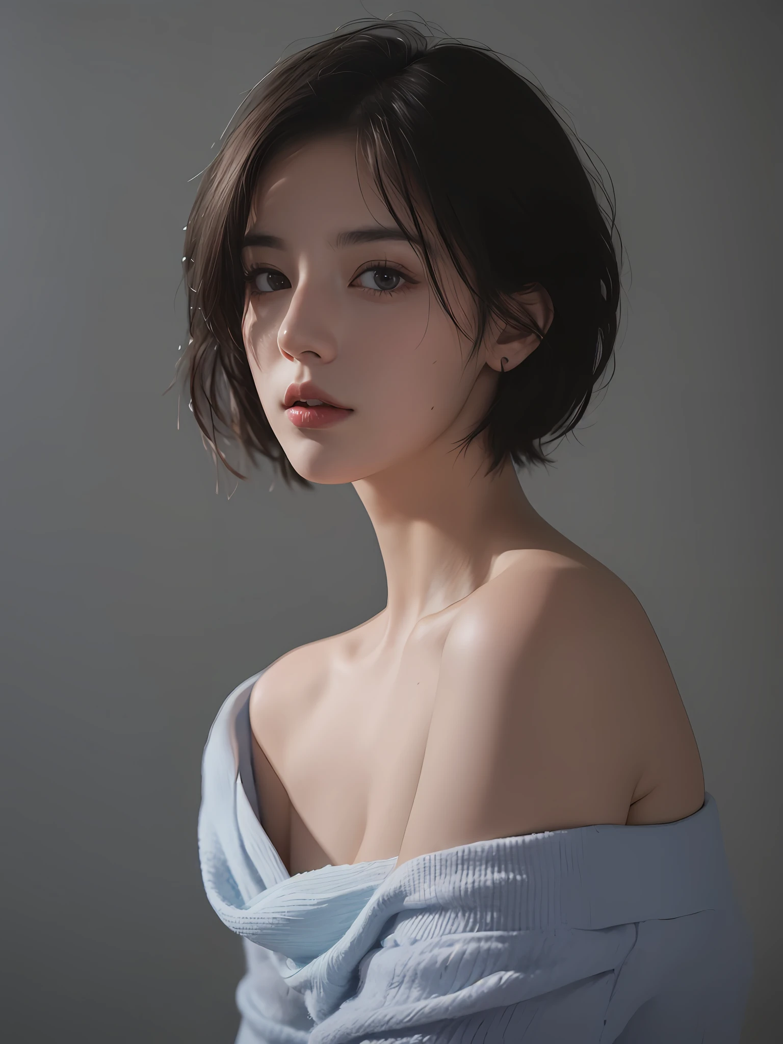 Best quality, masterpiece, ultra high res, (photorealistic:1.5), raw photo, 1girl, offshoulder, in the dark, deep shadow, low key, cold light, sexy look, short hair