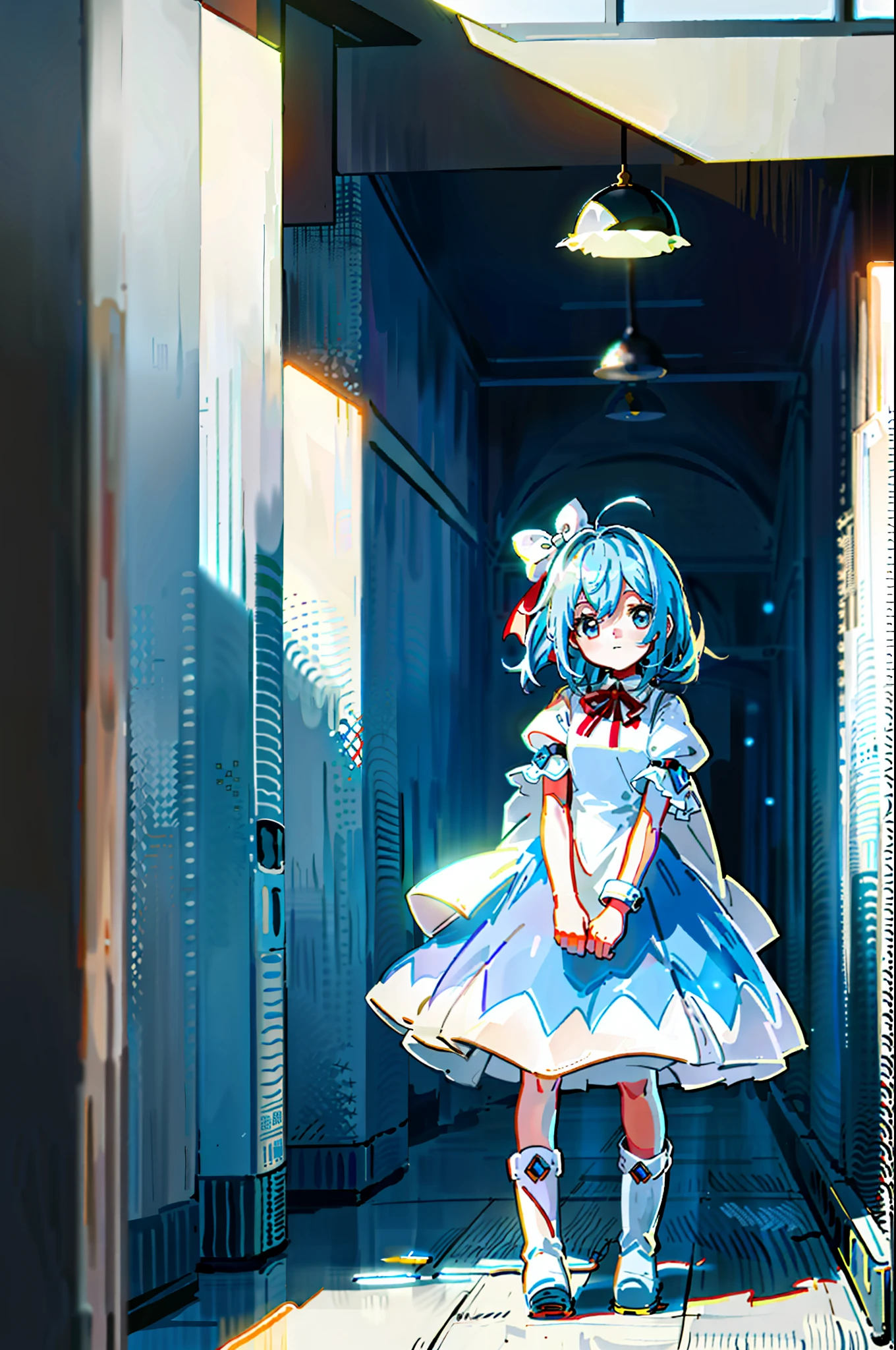 With a height of 110cm, she is dressed in a white clean dress, boots, blue hair, and the image of an innocent and cute young girl.