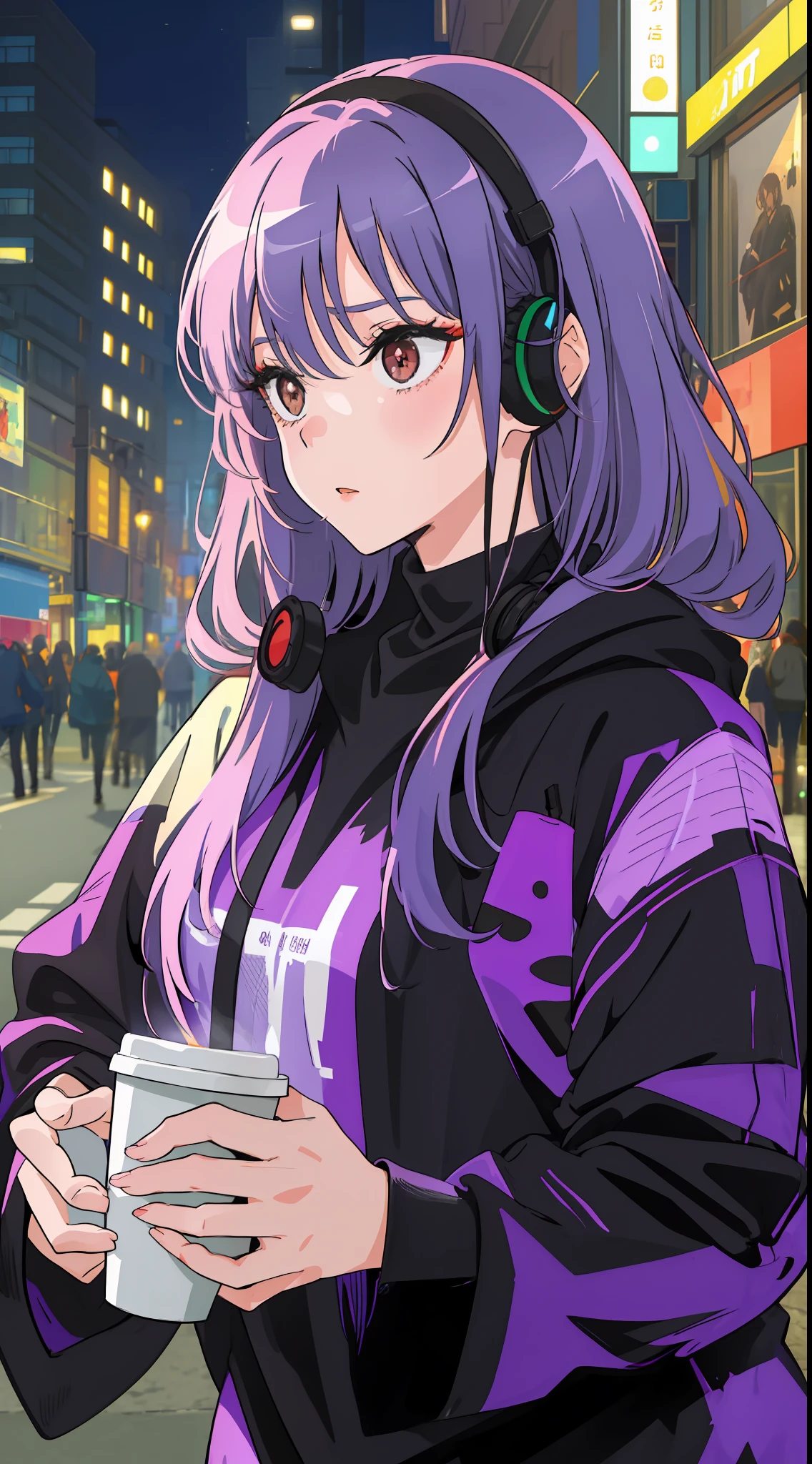 A beautiful girl, wearing oversize black hoodie, wearing headphone, holding a cup of coffee, standing in the middle of the street, night, (masterpiece), (best quality), (ultra detailed),(disheveled hair),(illustration), (1girl),best lighting