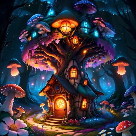 (Swirling clouds and colorful flowers), (forest fireflies fantasy mushroom house), (midnight), (Irregular), (mysterious), (ridiculous), dreamy, disney, painted by Thomas Kincaid, artstation, sharp focus, inspiring 8k wallpaper,