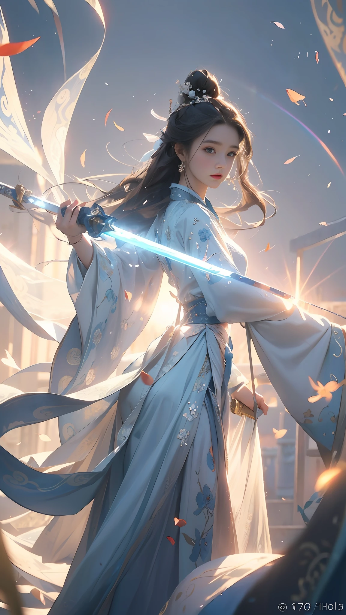 Superb Beauty, (Milky Skin: 1.3), Exquisite Details, High Resolution, Wallpaper, 1 Woman, Solo, Dress, Hair Accessories, (((Blue and White Dress)), flower, baihuaniang, long hair, brown hair, shut up, long sleeves, wide sleeves, big eyes, flowing hair, Chinese style, holding a katana, chinese clothing, hanfu, embroidery, long skirt, falling petals, dusk, 16K, HDR, High resolution, depth of field, (film grain: 1.1), Bocon, prime time, (lens flare), vignetting, rainbow, (color grading: 1.5)