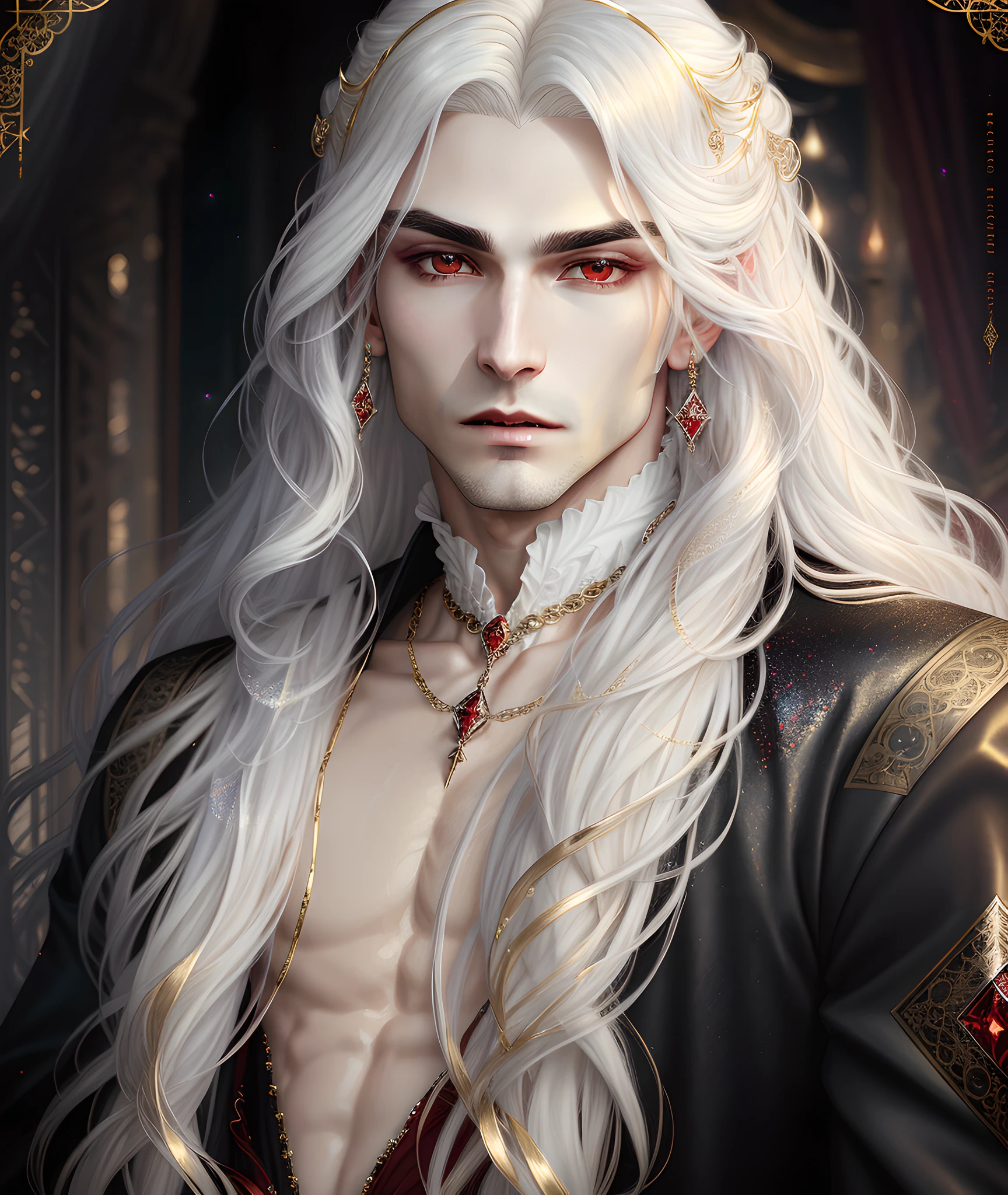 gorgeous male vampire with a perfect balance of masculine and feminine features, stunning long white hair, white and gold tetradic colors, perfect anatomy, seductive red eyes, 8k resolution, (Single person), masterpiece, perfect face:1.2), intricate details, gothic Victorian detailed background, ancient, balenciaga, glitter