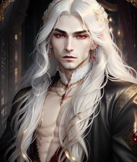 gorgeous male vampire with a perfect balance of masculine and feminine features, stunning long white hair, white and gold tetradic colors, perfect anatomy, seductive red eyes, 8k resolution, (Single person), masterpiece, perfect face:1.2), intricate detail...