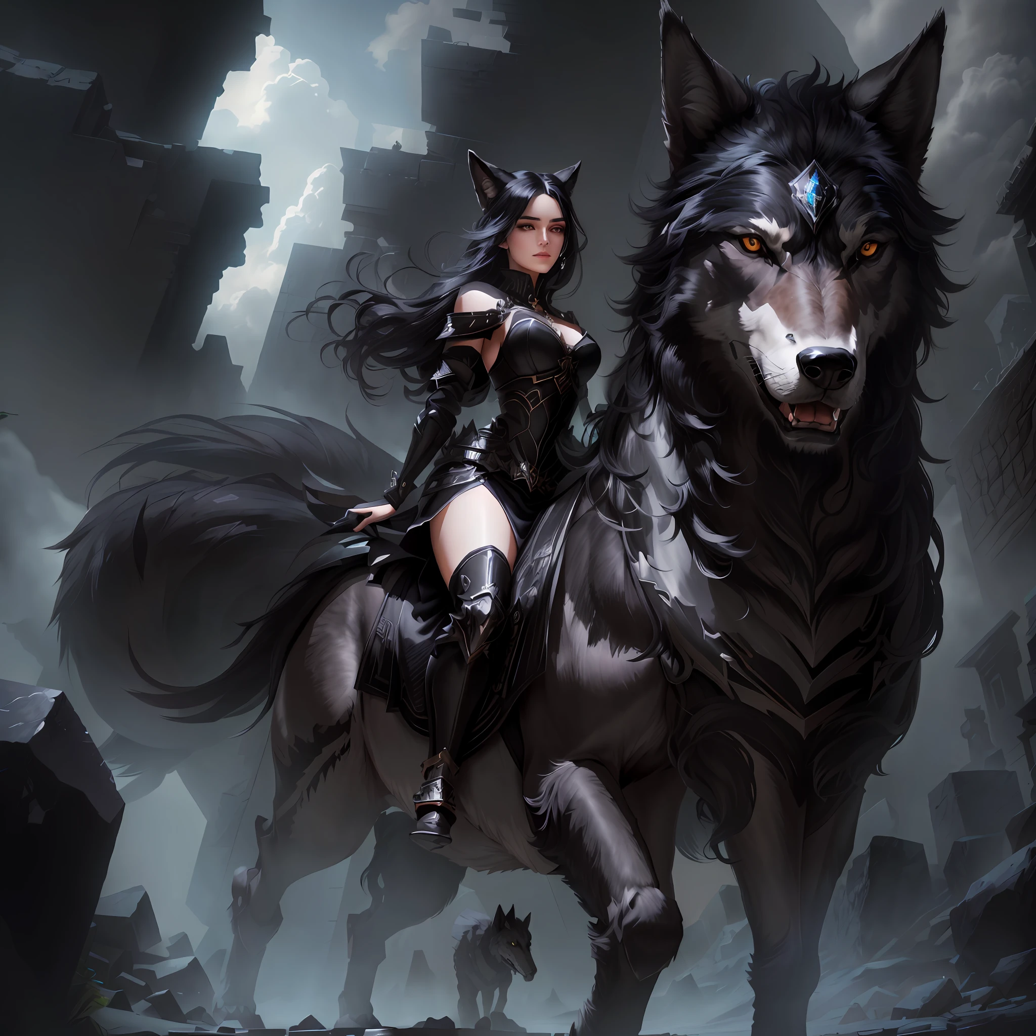 Schöne Frau, Schwarzes Haar, symmetrisch, perfekt, auf einem Wolf montiert, Riese, auf Stein treten, Diamant, mit kleinen Schritten, lauert auf dem Schlachtfeld. realistisches Bild, hohe Qualität 4K, realistisches Bild