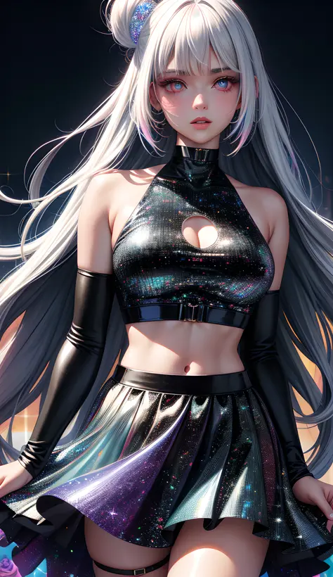 realistic, 1girl, holographic hair, heterochromic eyes, glowing eyes, holo crop top, holo skirt, parted lips, blush, night, white roses, pastel tetradic colors, glitter