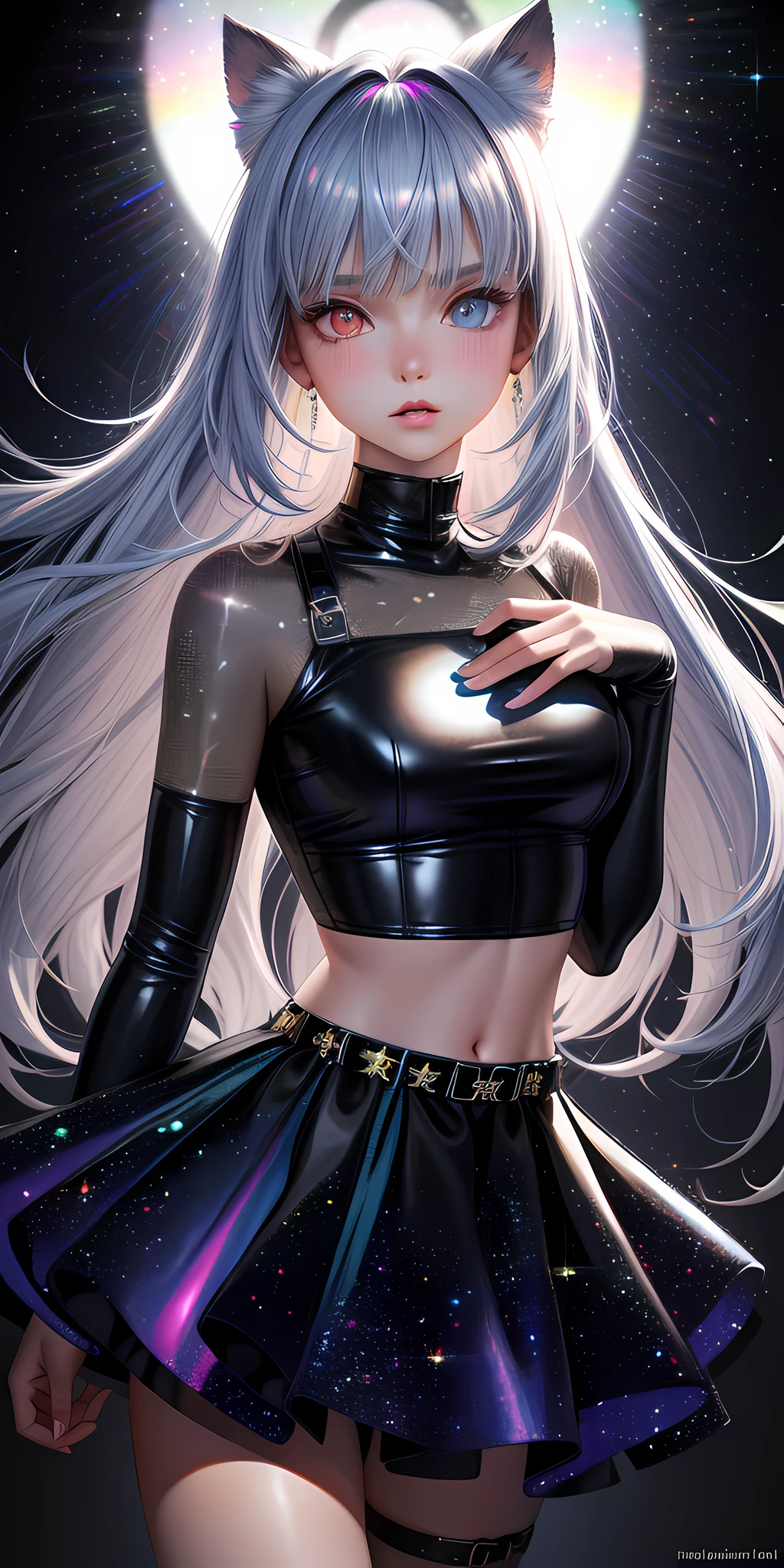 realistic, 1girl, holographic hair, heterochromic eyes, glowing eyes, holo crop top, holo skirt, parted lips, blush, night, white roses, pastels, glitter