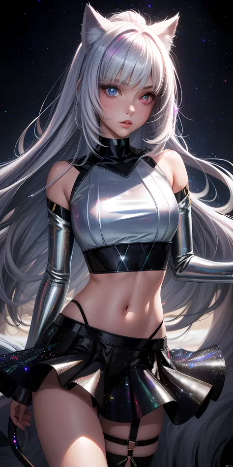 realistic, 1girl, holographic hair, heterochromic eyes, glowing eyes, holo crop top, holo skirt, parted lips, blush, night, white roses, pastels, glitter