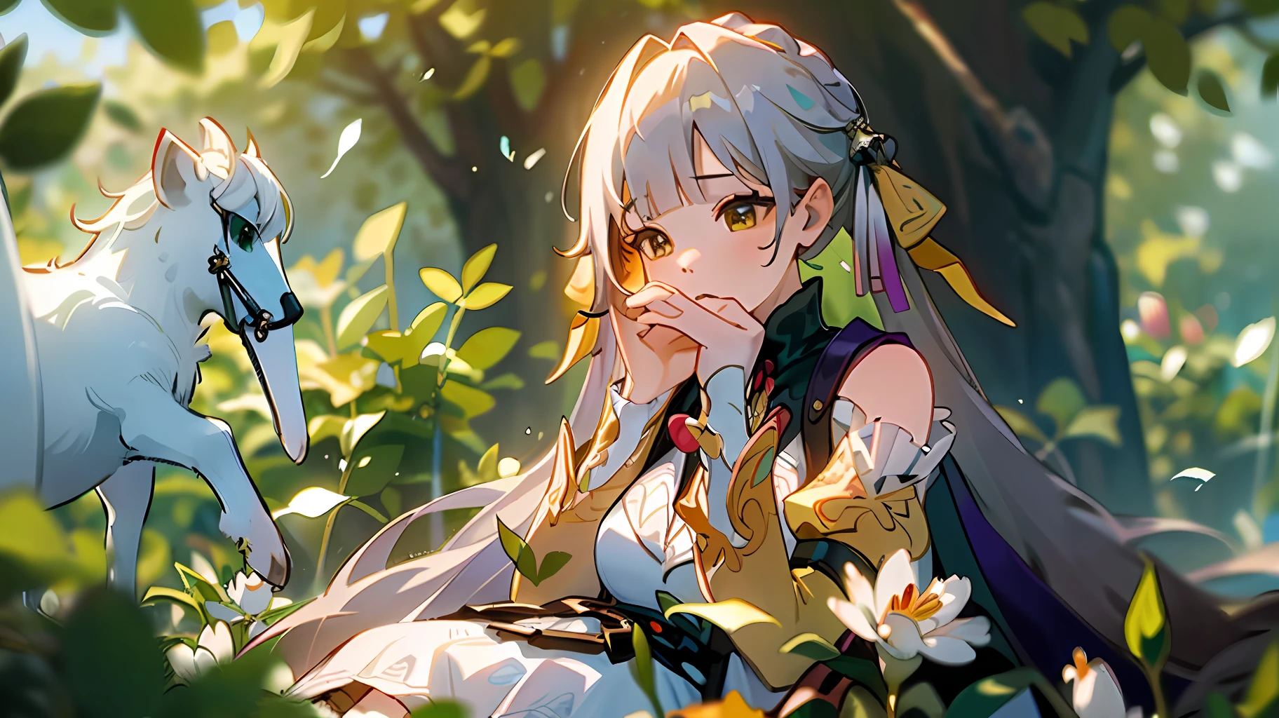 (шедевр, Лучшее качество),1 девушка с длинными белыми волосами сидит в поле зеленых растений и цветов, ее рука под подбородком, теплое освещение, белое платье, размытый передний план