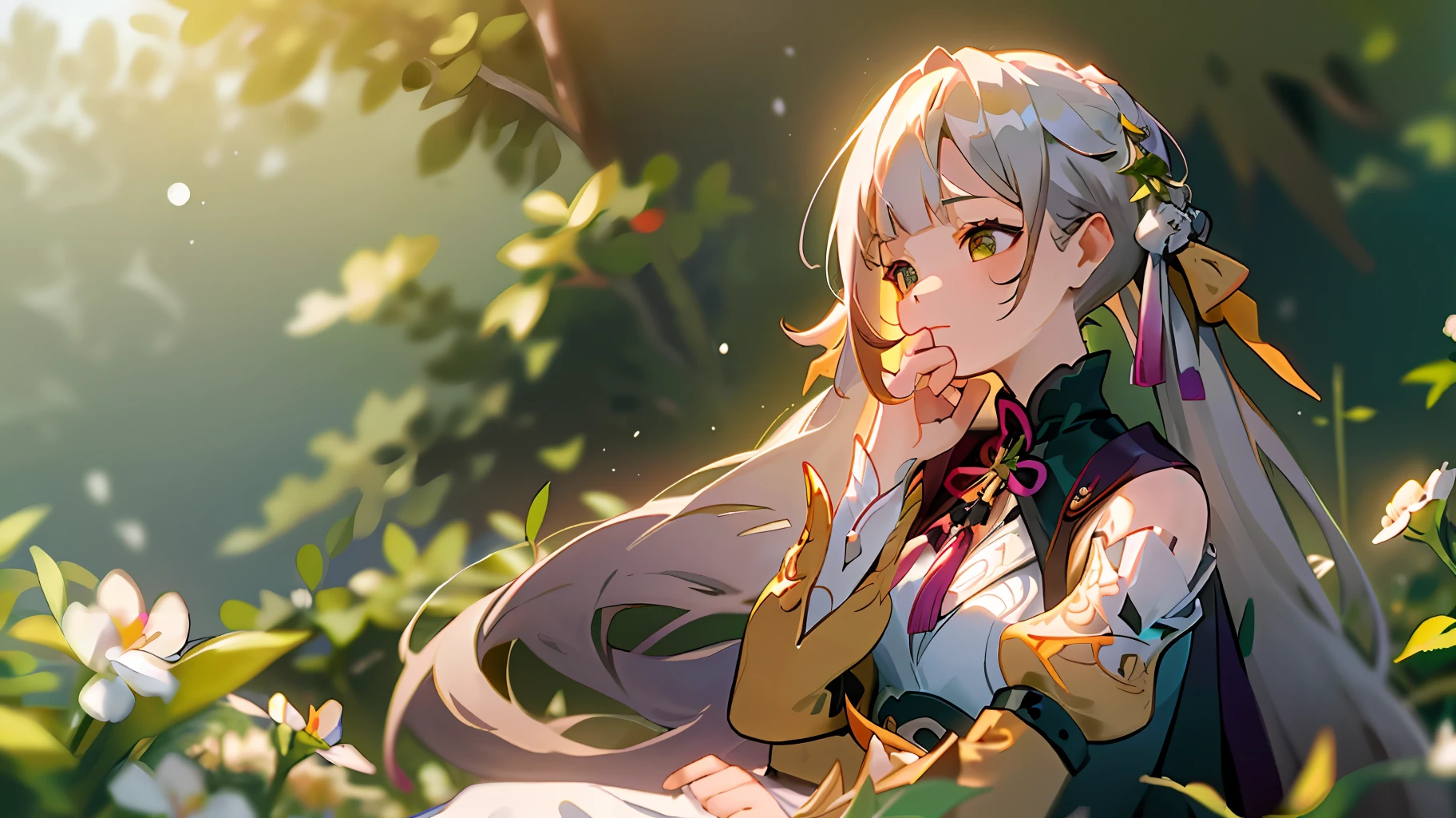 (masterpiece, best quality),1girl with long white hair sitting in a field of green plants and flowers, her hand under her chin, warm lighting, white dress, blurry foreground