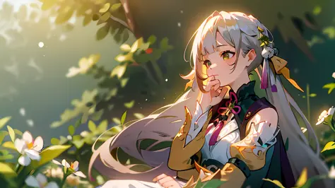 (masterpiece, best quality),1girl with long white hair sitting in a field of green plants and flowers, her hand under her chin, ...