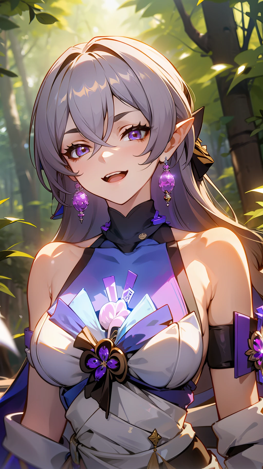 (medium portrait:0.7), (best illumination:1.1), (golden hair:1.1), 1girl, pointy ears, elegant smile, intricate bra:0.6, moderate breast, (bronya:1.2), in the middle of the forest, open mouth. cleavage,