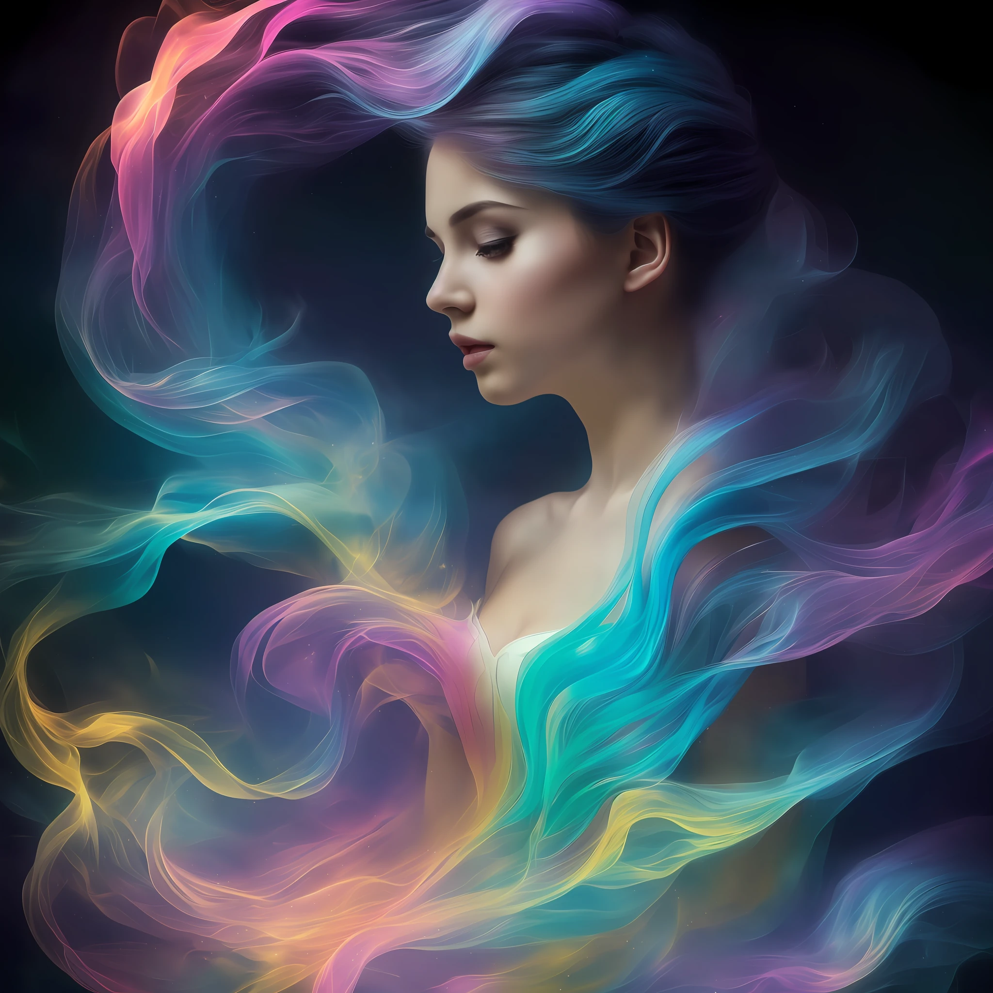 .Romanticism, UHD, attractive, ethereal, elegant, girl, teenager, beautiful, flawless, angelic, soft liquid rainbow smoke background, wind, fractal neon antimatter finish, highly detailed, trending on artstation, sharp focus, studio photo, intricate details, highly detailed, by Artgerm, Thomas Kinkade, Anna Dittmann, Gerhard Richter