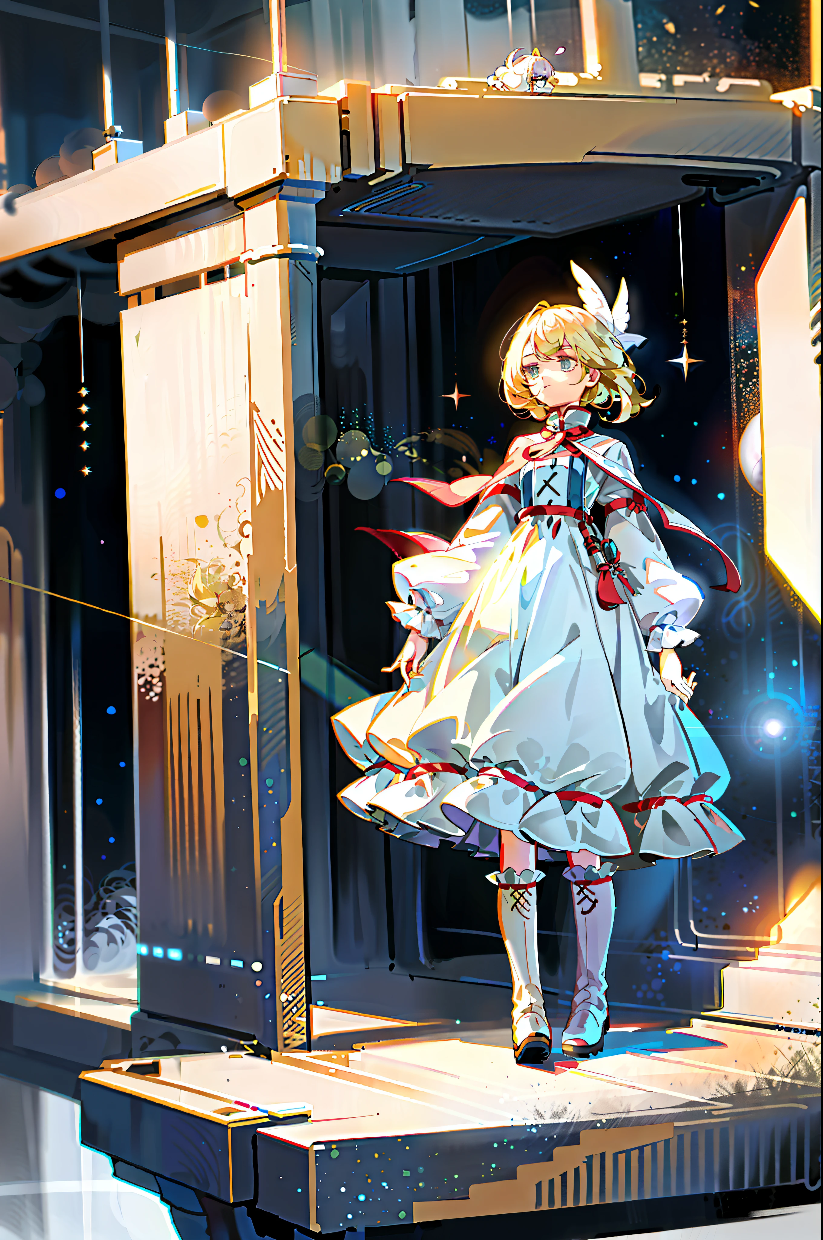 Standing around 150cm tall, there are dolls in white floating in the air around them, wearing white sci-fi style dresses, boots, blond hair, and an innocent and cute girl image