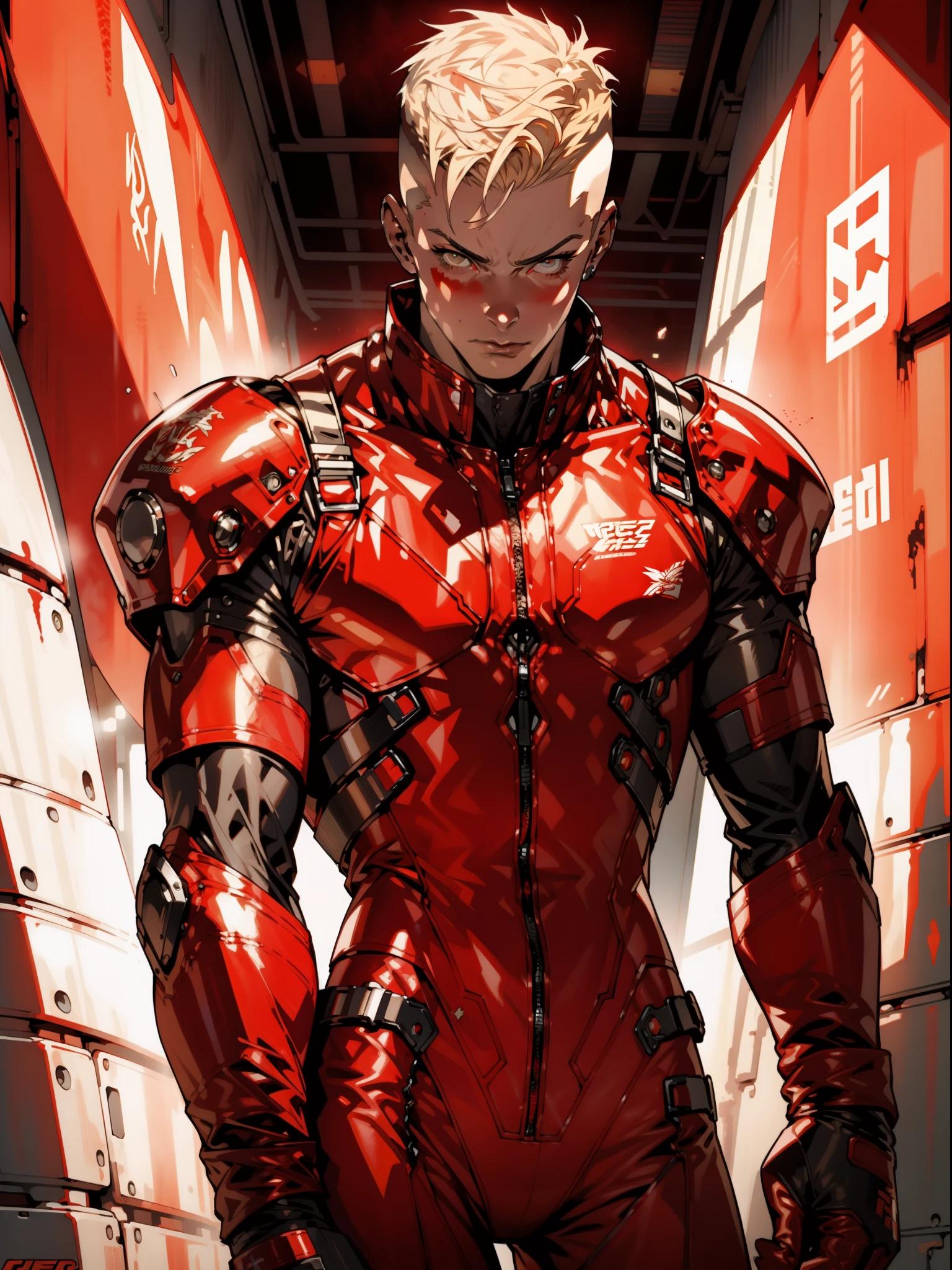 A muscular 35-year-old Russian warrior almost naked in the Simon Bisley style for the cover of Heavy Metal magazine, super short blonde hair, Minimum clothing, red carbon fiber armor in hexagonal pattern stained with paint, (((red clothing))), (((short-cut))), ((Annie Lennox)), inside a spaceship, cyberpunk, tight clothes, bio mechanical suit