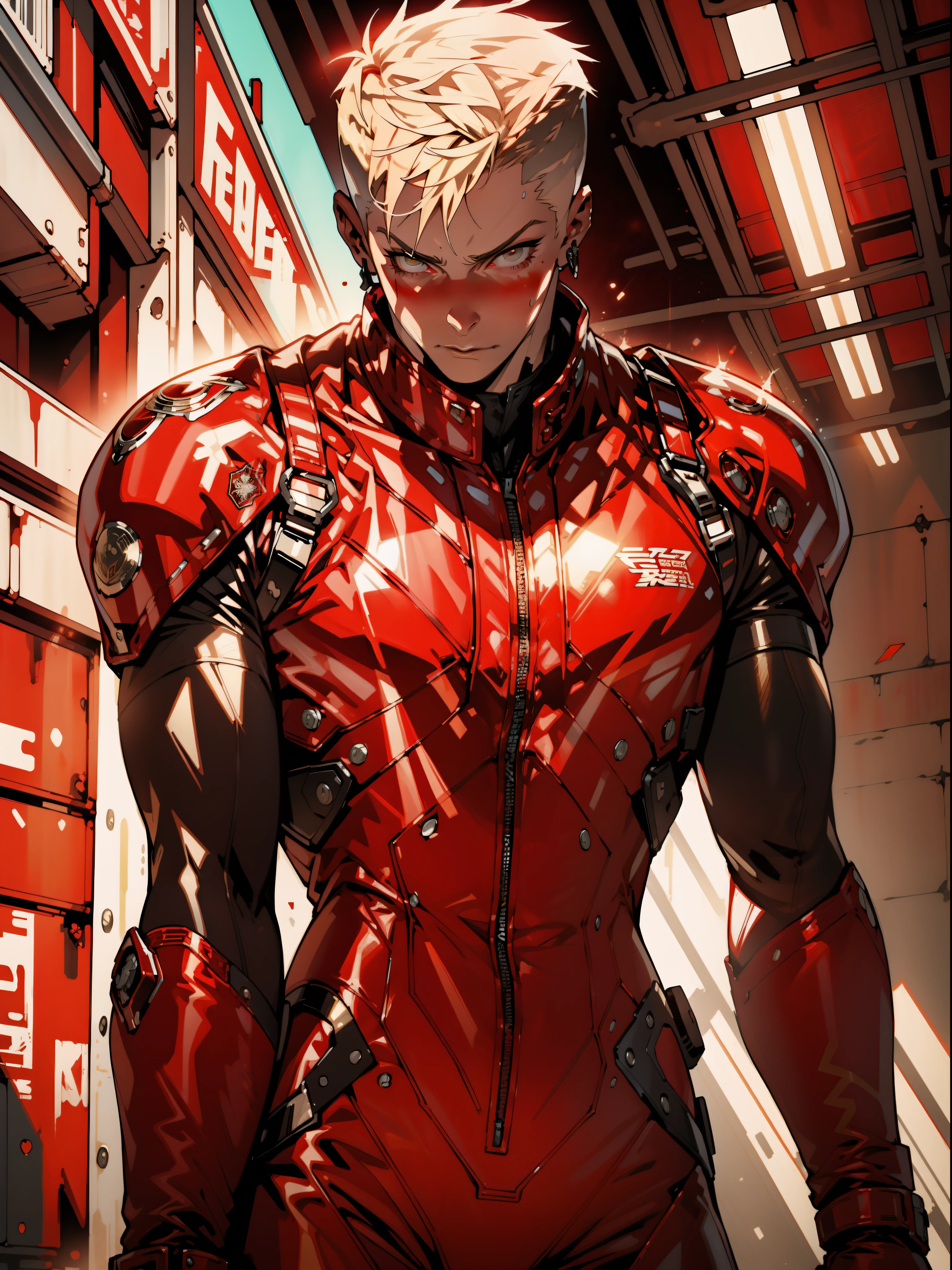 A muscular 35-year-old Russian warrior almost naked in the Simon Bisley style for the cover of Heavy Metal magazine, super short blonde hair, Minimum clothing, red carbon fiber armor in hexagonal pattern stained with paint, (((red clothing))), (((short-cut))), ((Annie Lennox)), inside a spaceship, cyberpunk, tight clothes, bio mechanical suit