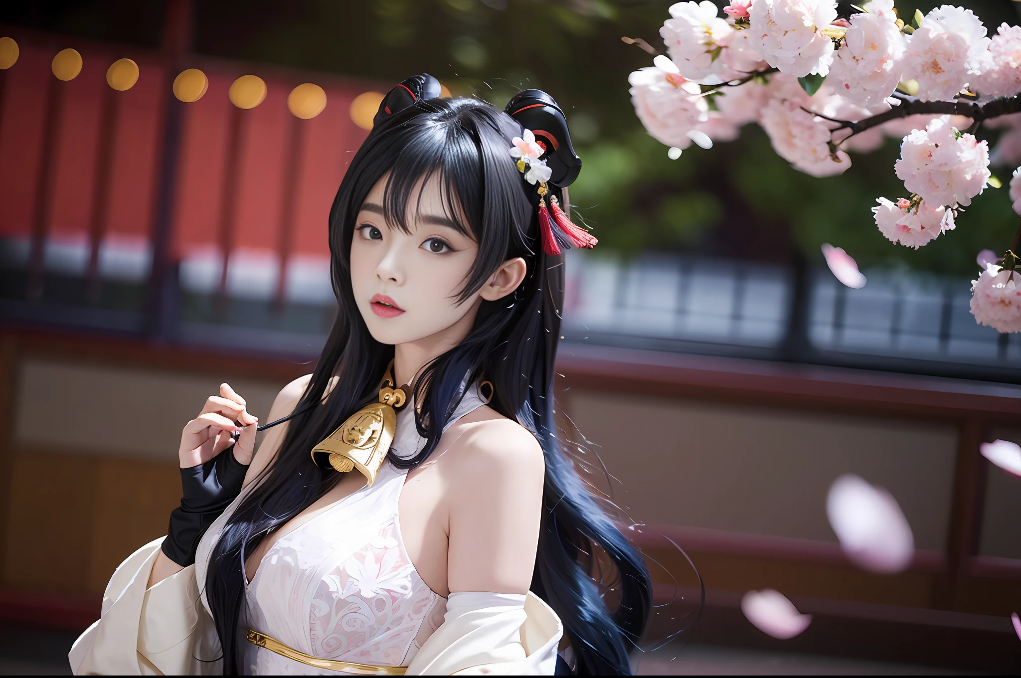 ((Masterpiece)), (Very detailed CG unity 8k wallpaper), best quality, illustration, beautiful detail eyes, beautiful detail hair, very_long_hair, 1 girl, gan yu, ganyu, 1girl, ahoge, architecture, bangs, bare shoulders, bells, black gloves, black tights, (blue hair), blush, beautiful breasts, chinese knots, sleeves, flower knots, gloves, horns, long hair, looking at the audience, medium chest, neckbell, perfect figure, upper body, korea, style, realism, beauty, ((anime style)), ((best quality)), ((masterpiece)), ((HDR+)), (best performance), (best lighting), on [cherry blossom tree falling petals on university road background], [wlop], [inoue takesano], [oh! Great]