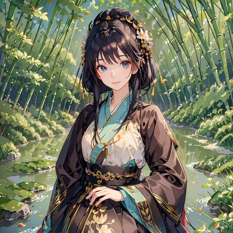 (Masterpiece), Best Quality, good Anatomy, Shuimobysim, (1 Girl: 1), (Upper Body), (Smile), Short Hair, (Hanfu), (ECCHI0.5), (Trees: 0.5), (Flowers: 0.6), (Wooden House: 0.2), (Bamboo Forest: 0.2), (Stream: 0.2), (River: 0.2), anime --auto --s2