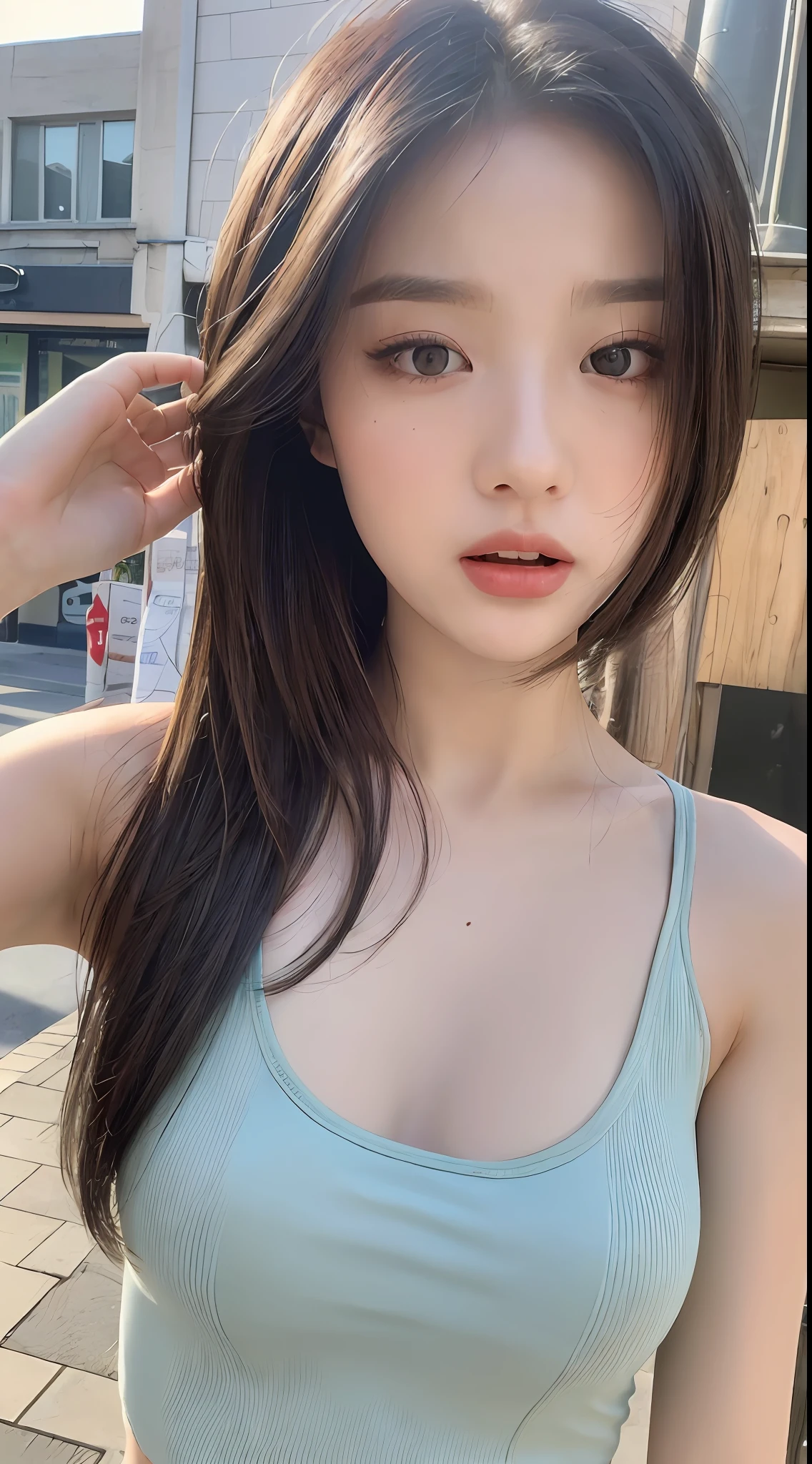 ((Best quality, 8k, Masterpiece :1.3)), Sharp focus:1.2, Perfect Body Beauty:1.4, Slim Abs:1.2, ((Layered hairstyle, Naughty expression: 1.2)), (Tank top shirt:1.1), (Street:1.2), Highly detailed face and skin texture, Fine eyes, Double eyelids
