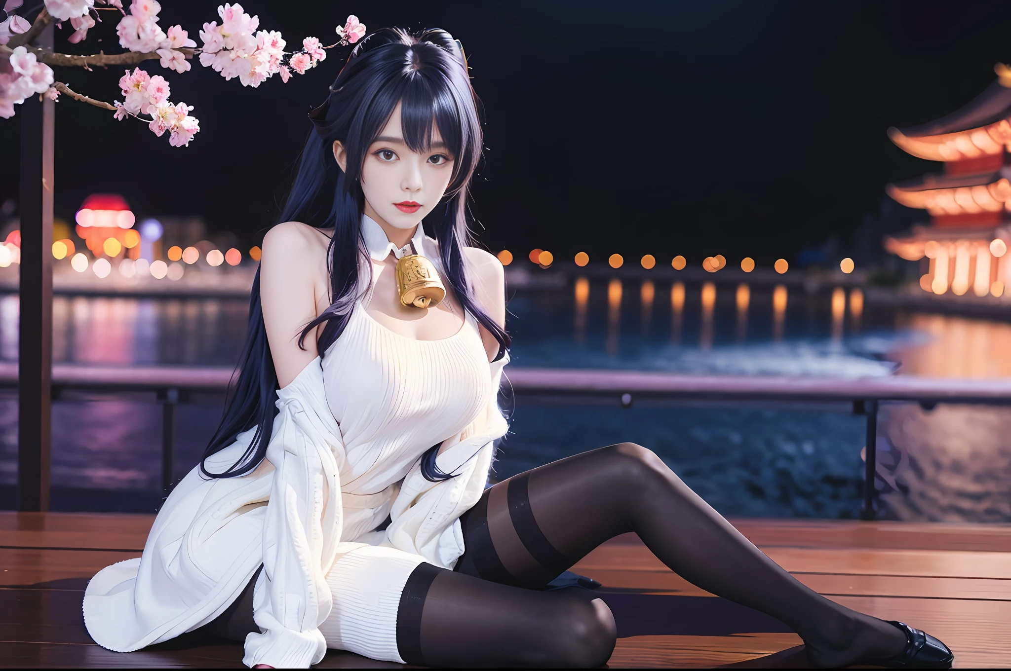 ((Masterpiece)), (Very detailed CG unity 8k wallpaper), best quality, illustration, beautiful detail eyes, beautiful detail hair, very_long_hair, 1 girl, ganyu, 1girl, ahoge, architecture, bangs, bare shoulders, bell, black gloves, black pantyhose, ((blue hair) ), blush, breasts, Chinese knot, detached sleeves, flower knot, gloves, horns, long hair, looking at viewer, medium breasts, neck bell, night, outdoors, pantyhose, purple eyes, sidelocks, solo, tassel, white sleeves, ((masterpiece)),perfect body, full body, korean, style, realism, beauty, ((anime style)), (best quality), ((masterpiece)), ((HDR+), (best performance), (best lighting), in [cherry blossom tree falling petals on university road background], [wlop], [inoue takehino], [oh! Great]