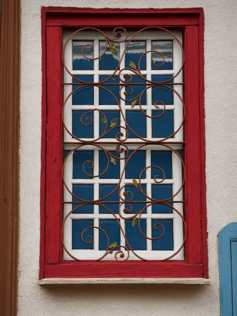 There is a window with a decorative iron design on it, window in the center, photo of a beautiful window, small ornate windows, window, painted metal and glass, bars on the windows, church window, wide window centered, window, open window, symmetrical deta...
