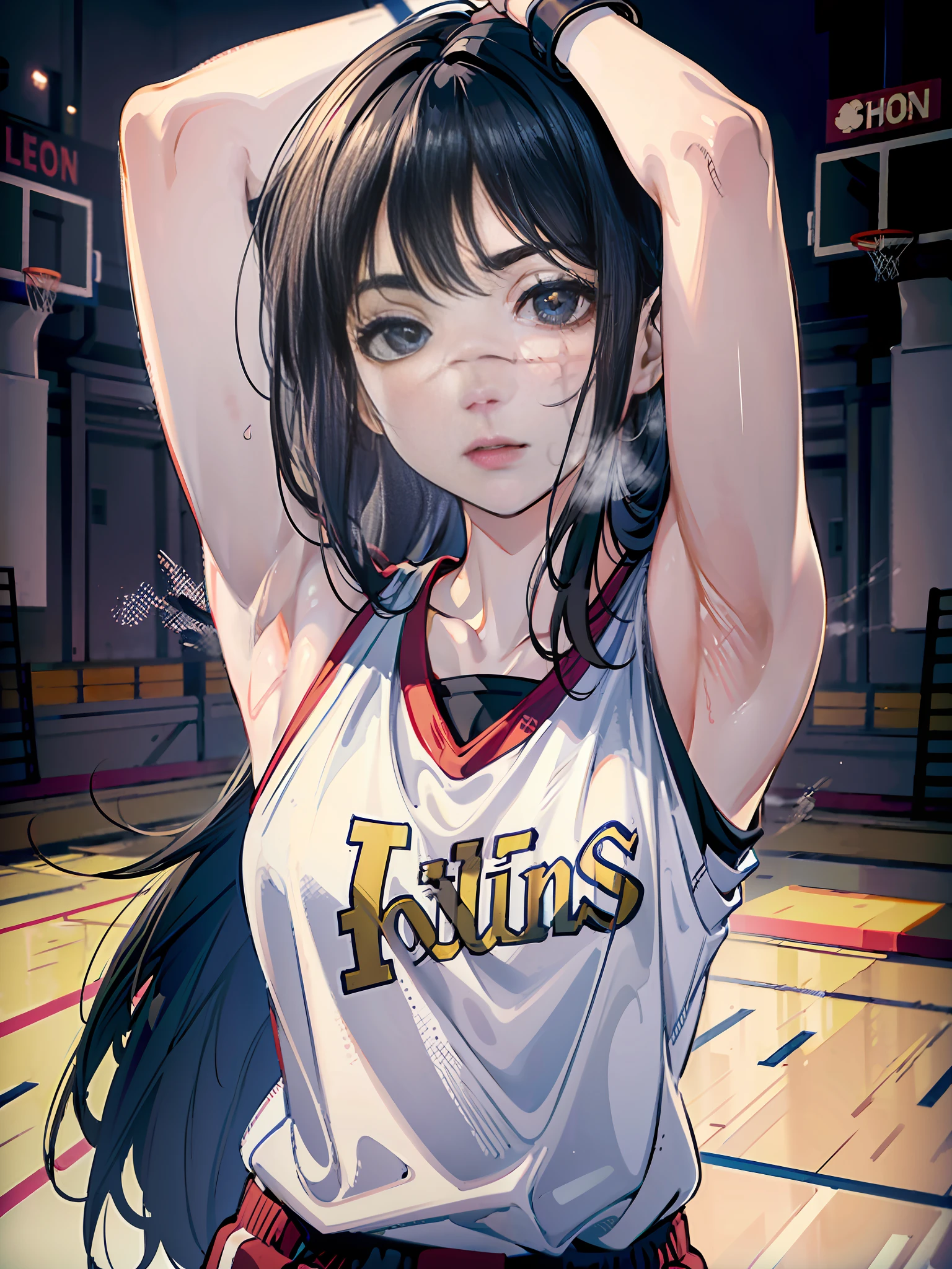 1girl, (solo:1.2), ((masterpiece)), (shadow), [slim], (small breasts), (thick lines), ((sharp focus)), focused, pale skin, ((detailed eyes)), (basketball uniform:1.3), armpits, exterior, basketball court, ring, black hair, ((long hair)), scars on face, (sweat), wristbands, shorts, bare arms