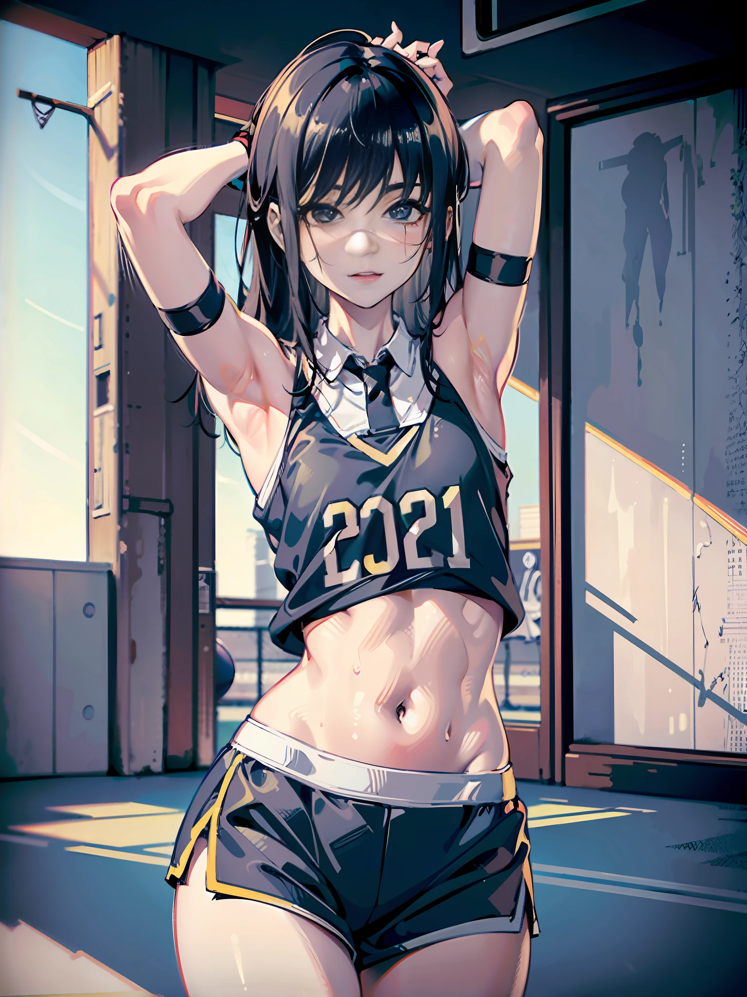 1girl, (solo:1.2), ((masterpiece)), (shadow), [slim], (small breasts), (thick lines), ((sharp focus)), focused, pale skin, ((detailed eyes)), (basketball uniform:1.3), armpits, exterior, basketball court, ring, black hair, ((long hair)), scars on face, (sweat), wristbands, shorts, bare arms