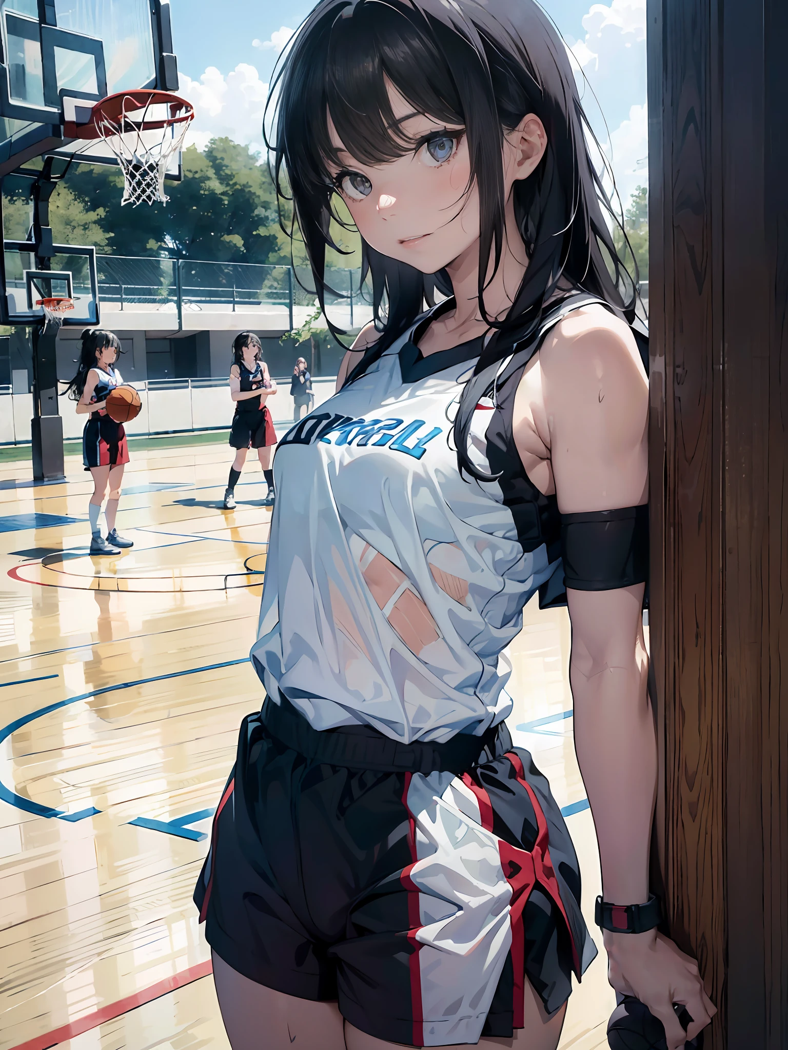 1girl, (solo:1.2), ((masterpiece)), (shadow), [slim], (small breasts), (thick lines), ((sharp focus)), focused, pale skin, ((detailed eyes)), (basketball uniform:1.3), armpits, exterior, basketball court, ring, black hair, ((long hair)), scars on face, (sweat), wristbands, shorts, bare arms