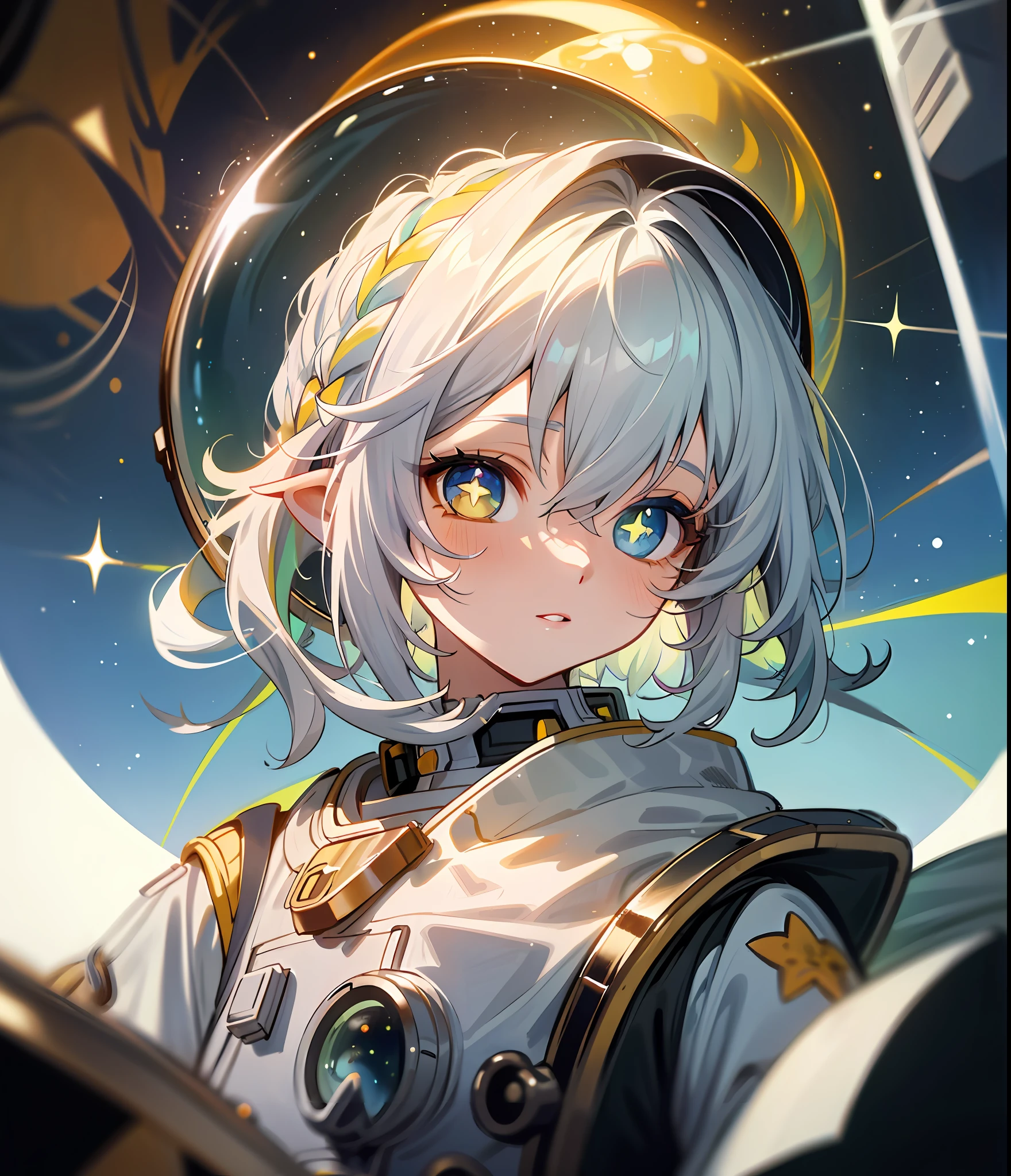 masterpiece, best quality, close-up, space, astronaut, silver hair, yellow eyes, messy hair, space helmet,colorful stars, radiant light, heterochromia, big lips, blue eyes,