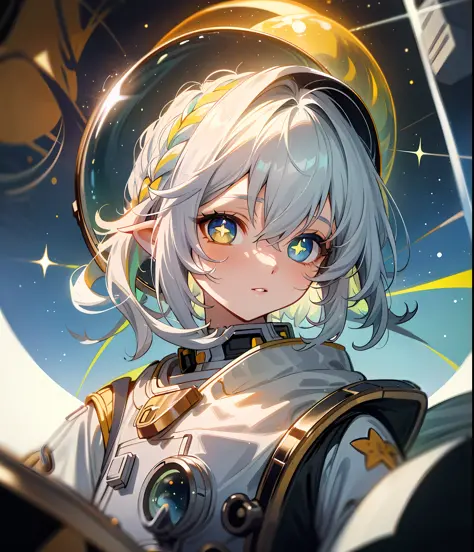 masterpiece, best quality, close-up, space, astronaut, silver hair, yellow eyes, messy hair, space helmet,colorful stars, radian...