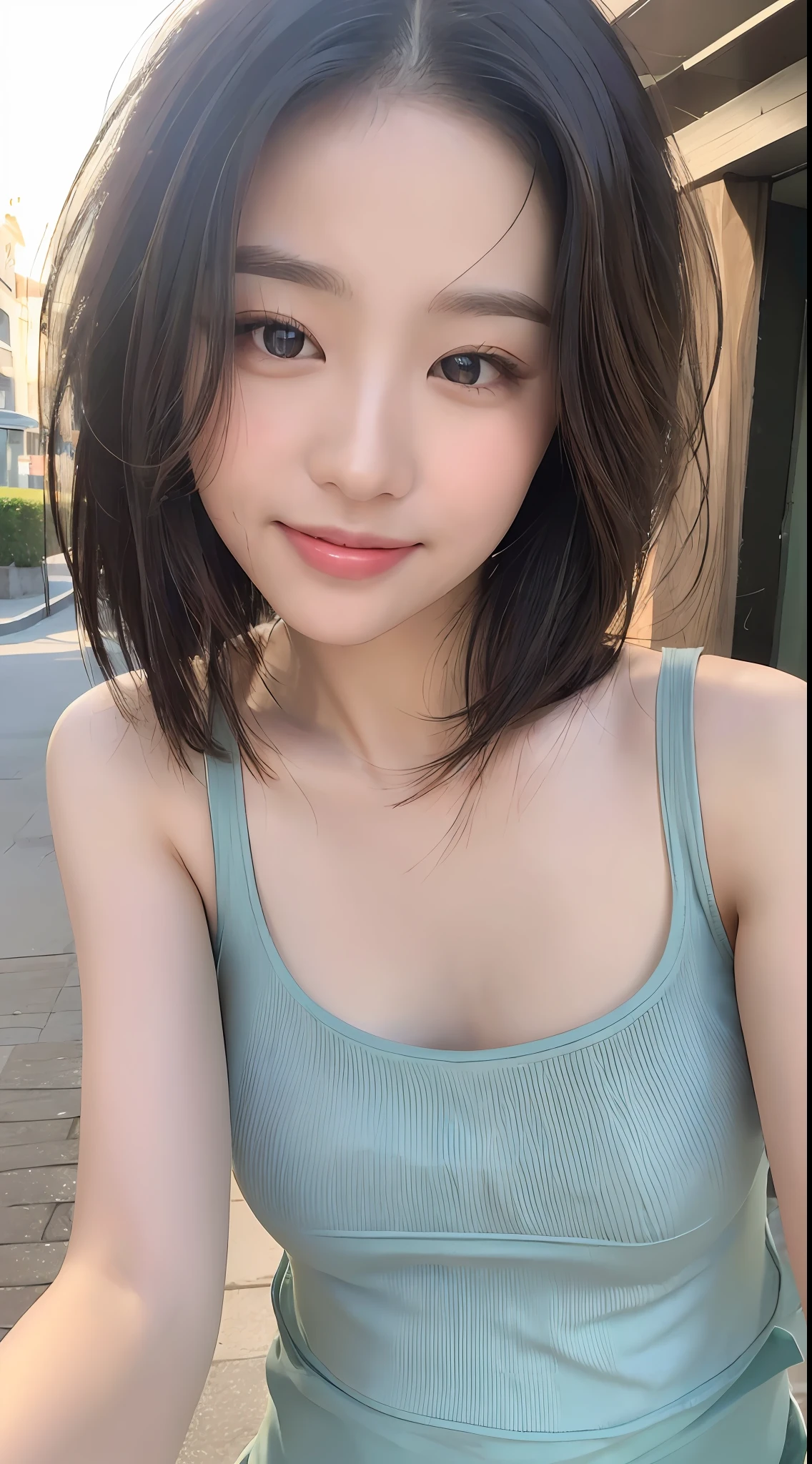 ((Best quality, 8k, Masterpiece :1.3)), Sharp focus:1.2, Perfect Body Beauty:1.4, Slim Abs:1.2, ((Layered hairstyle, Smile with lips closed:1.2)), (Tank top shirt:1.1), (Street:1.2), Highly detailed face and skin texture, Fine eyes, Double eyelids