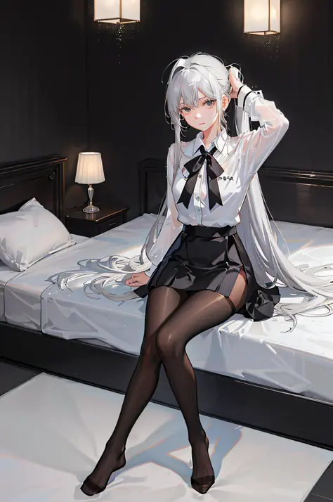 (((1 girl)),ray tracing,(dim lighting),[detailed background (bedroom)),((silver hair)),((silver hair)),(Fluffy silver hair, plum...