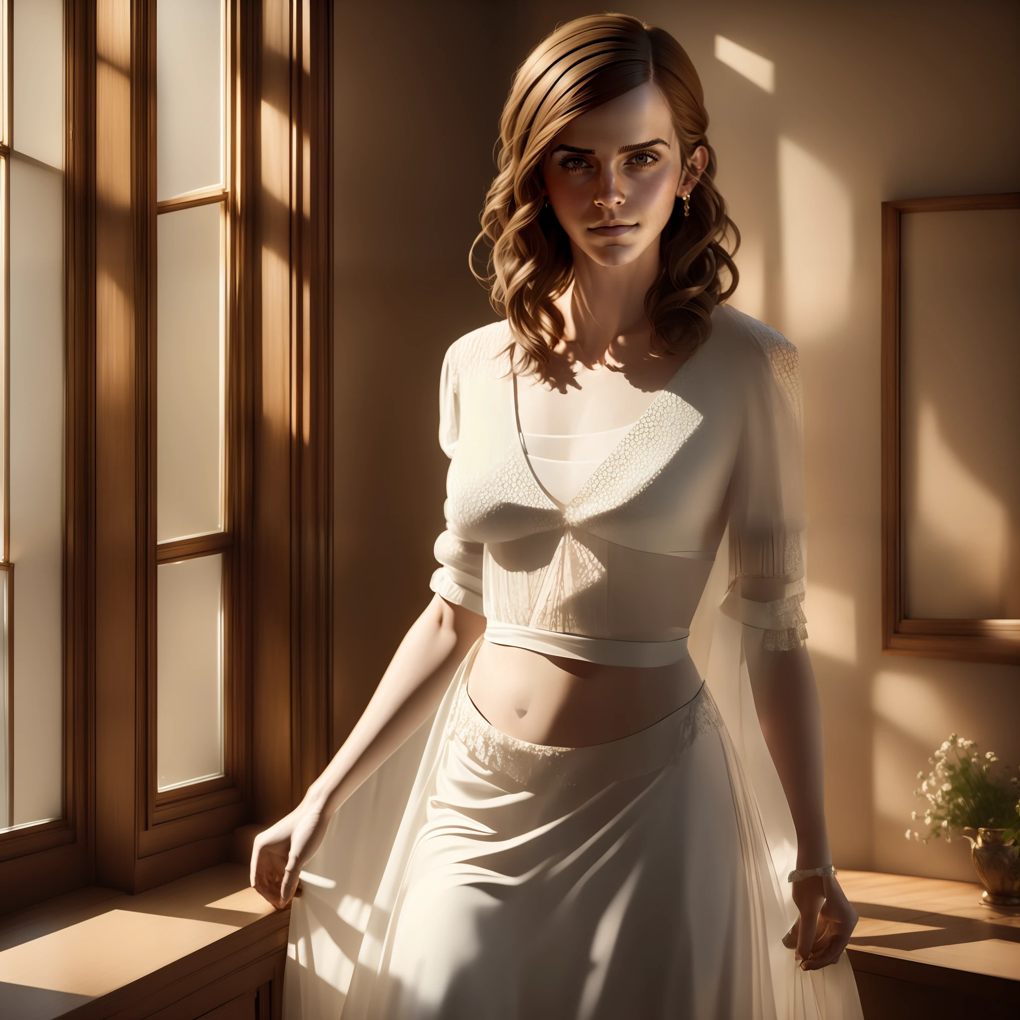 (Emma watson), the woman stands in front of a window with her legs wide open. From outside, the sun shines into the dark room. The woman wears a see-through long skirt and a see-through belly-free shirt, The contours of her body are clearly visible in front of the bright window, (belly-free), (Masterpiece:1.2) (photorealistic:1.2) (best quality) (intricate details) (8K) (High Poly) (Raytracing), (Sharp Focus)