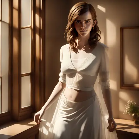 (emma watson), the woman stands in front of a window with her legs wide open. from outside, the sun shines into the dark room. t...