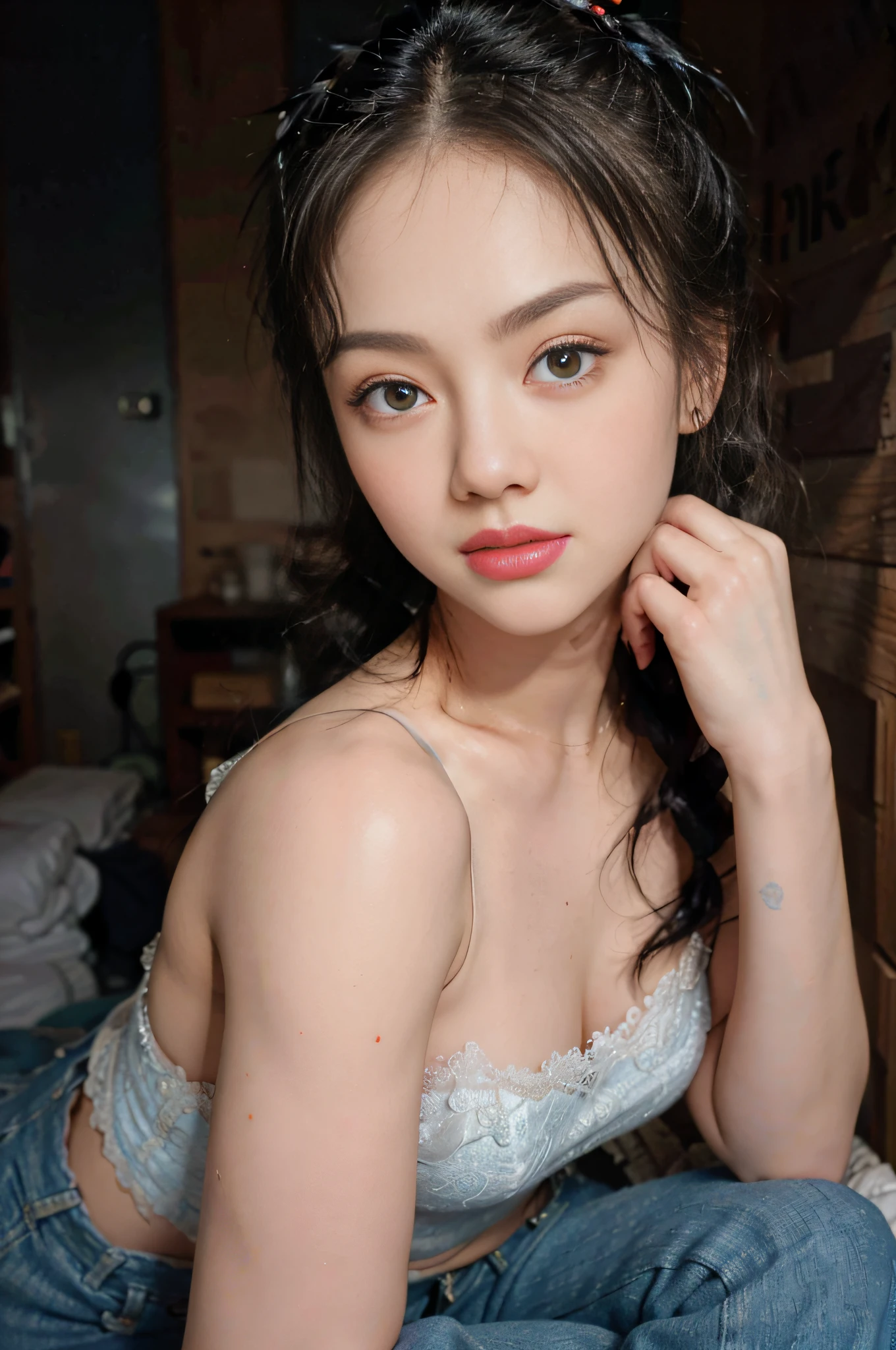 (space_buns_hairstyle:1.3), woman poses for a photo, bare-legged, full-body shooting, wearing a deep V blouse, a folded skirt, white lace trousers, a braid
Expert, 8k, high resolution, masterpiece, best quality, head:: 1 girl, ((Hasselblad photography)), delicate skin, clear focus, (cinematic lighting), at night, soft lighting, dynamic angle, [:( details:: 1 girl): 0.2 girl], ((kneeling on bed))), normal hands and legs