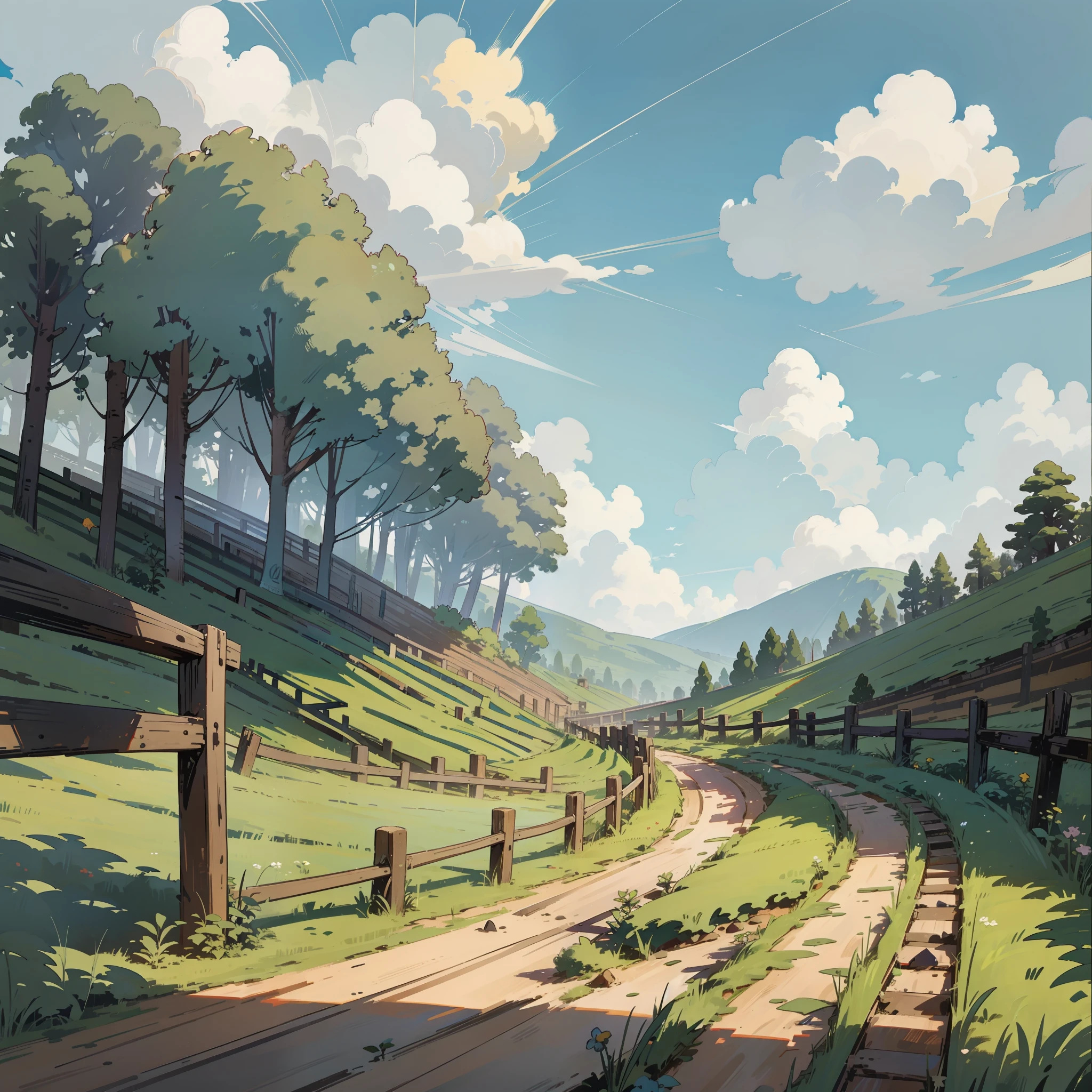 Forest, Terraces, Clouds, Wide Angle, Pioneer, Dirt Road, Traveling Merchant, Back, Go Forward, Wooden Cane, Ray Tracing, Comics, 3D Rendering, Cartoon, Cute Style, Sunny, Outdoor, Detailed, 4K, HD, High Quality