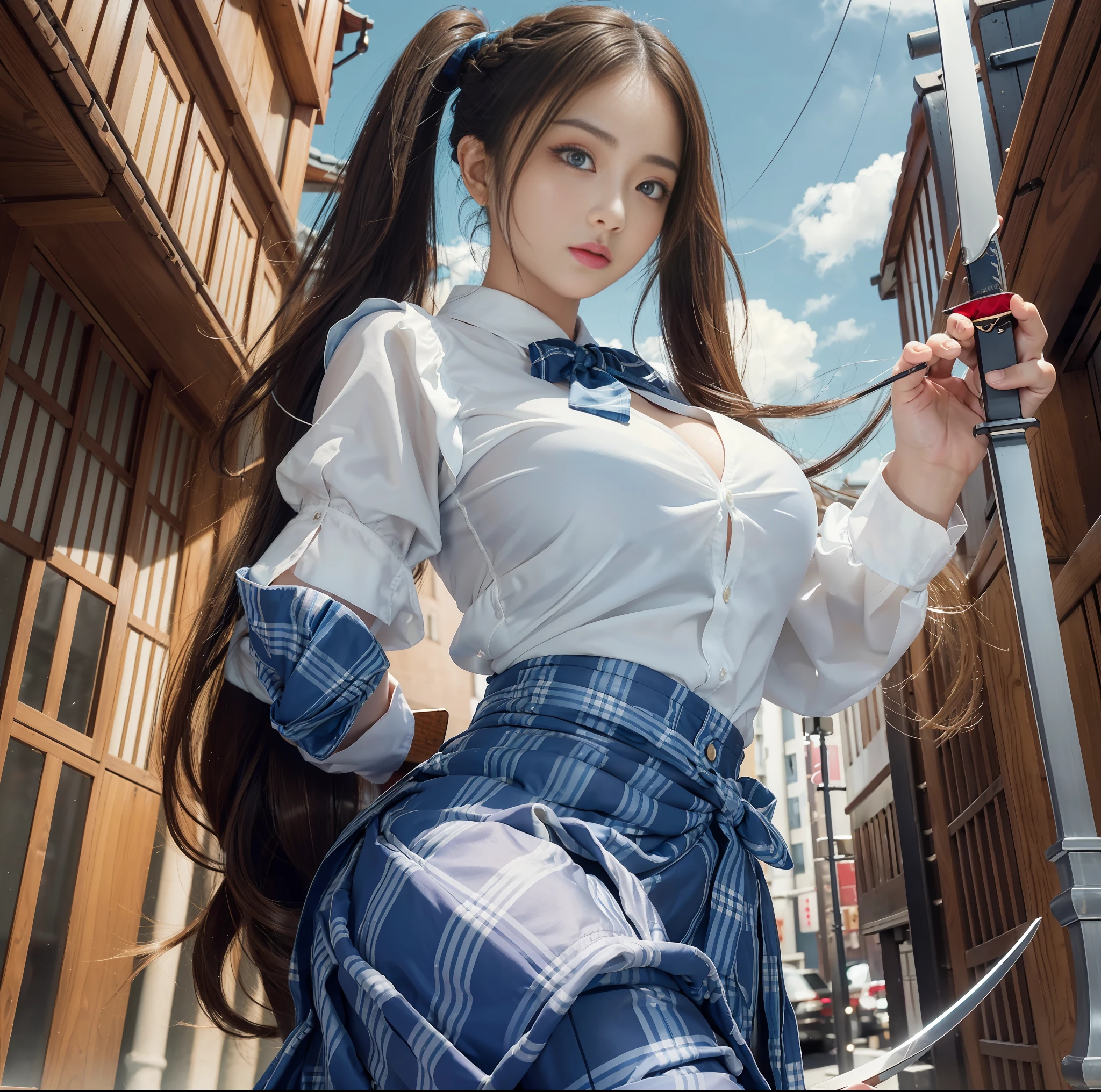 (top quality, masterpiece), 1girl, intricate details, (realistic lighting with shades), huge file size, high resolution, elegant, realistic, (perfect anatomical depiction of the human body), teenage girl dressed as Japan schoolgirl dressed as Japan sword demonstrating and raising legs, serious expression as if in real battle, The girl is a brunette Japan with pigtails with whitening skin blue eyes and partially braided hair, japanese, (very big), (super big), (thin waist), (fleshy big buttocks hanging down), (thin thighs), (baby face), (neat white blouse of crimson ribbon ties and smooth thin fabric), (blouse breasts are very cramped), ( braless), (dark areola), (blouse crushes large breasts and spreads to the side), (dark blue tartan checked micro mini pleated skirt), (white and large panties covering the buttocks), ((no skin exposed on the upper body)), (neat clothes with all buttons fastened), (blouse hem tucked inside the skirt), ( Stomach, back and chest are hidden by blouse and cannot be seen directly), (Beautiful big blue eyes), (Thin and clear double eyelid lines in the eyes), (Glossy, plump and brightly toned tear bags under the eyes), (Light blue iris), (Some highlights on the iris and pupil), (Red representation of the conjunctiva), (Long eyelashes that are well visible), (Blouse with super big), ( skin and hair sparkling in the sunlight), daytime city shot, cameltoe, (beautiful pose with a sword), perfect hands, nice hands, bowtie,