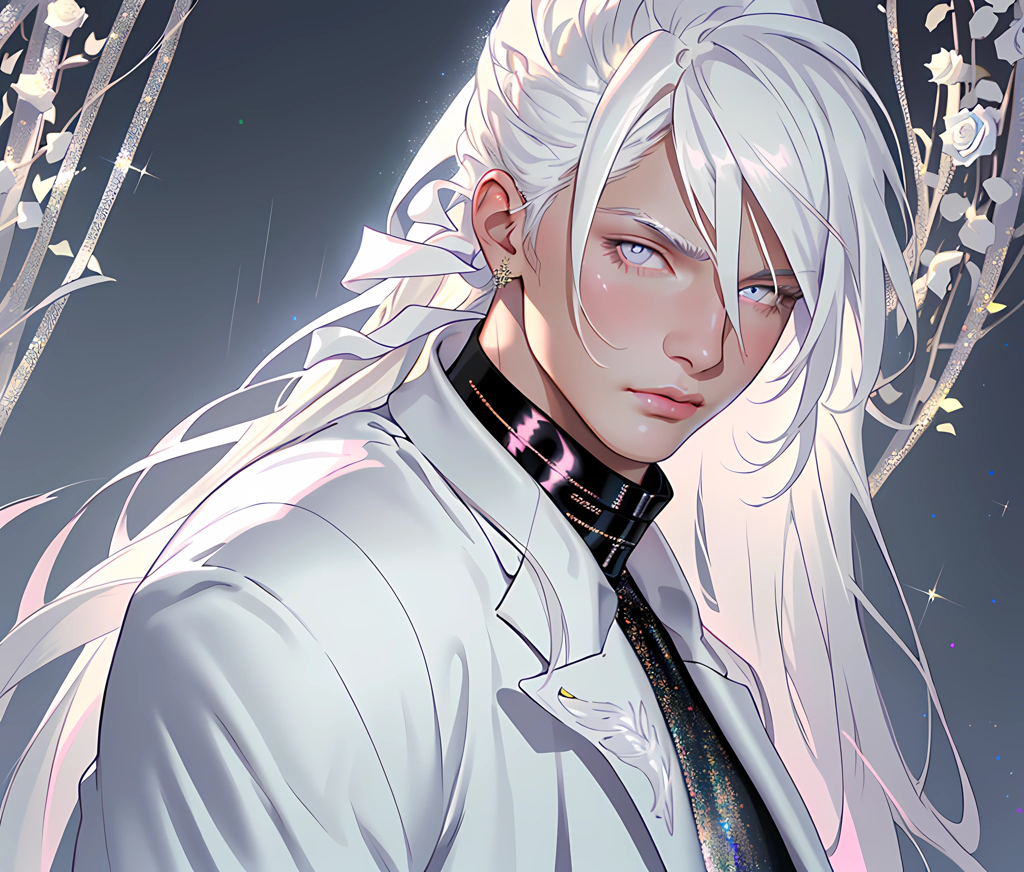 masterpiece, highest quality, (perfect face:1.1), (high detail:1.1), angel with long voluminous white hair, soft hair, neon white eyes, solo ,1guy, long hair, white luxury suit, Roses,ribbons detailed background, realistic, covered navel, pouty lips, curvy guy, perfectly drawn face, cinematic lighting, balenciaga, glitter