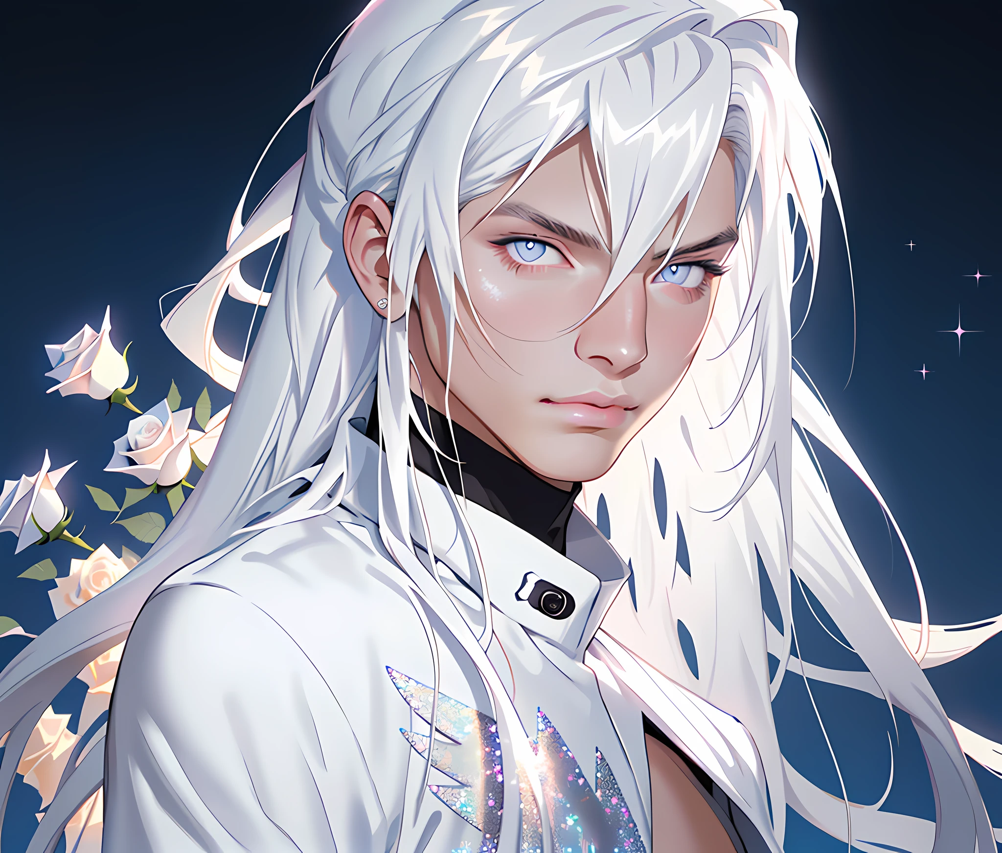 masterpiece, highest quality, (perfect face:1.1), (high detail:1.1), angel with long voluminous white hair, soft hair, neon white eyes, solo ,1guy, long hair, white luxury suit, Roses,kitten detailed background, realistic, covered navel, pouty lips, curvy guy, perfectly drawn face, cinematic lighting, balenciaga, glitter
