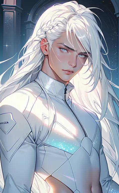 masterpiece, highest quality, (perfect face:1.1), (high detail:1.1), angel with long voluminous white hair, soft hair, neon white eyes, solo ,1guy, long hair, white luxury suit, Rose Garden detailed background, realistic, covered navel, pouty lips, curvy g...