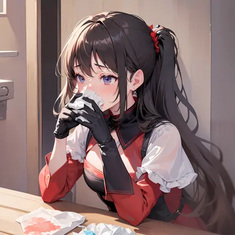 (Masterpiece, highest quality, highest quality, watercolor (medium), official art, black gloves, red dress, ((((blow her's nose ...