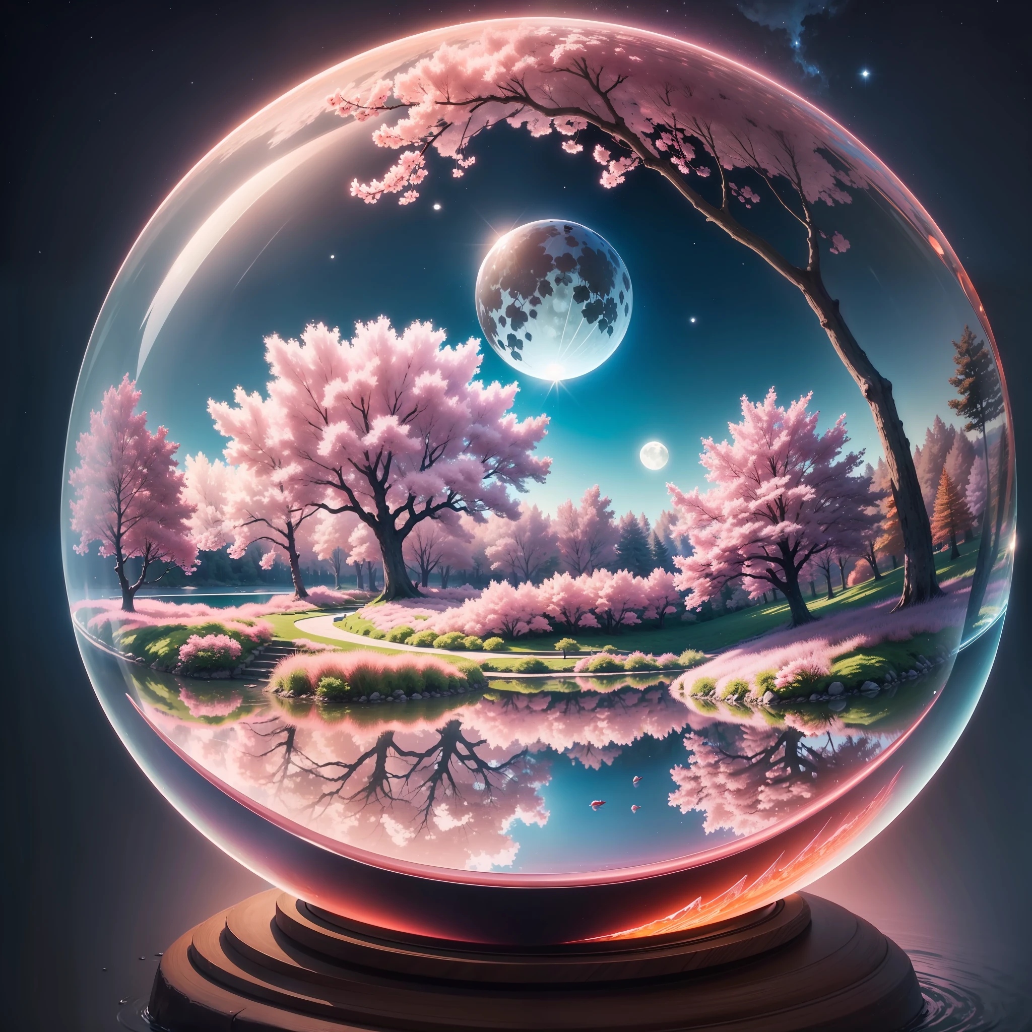 Landscape inside a glass globe, beautiful landscape with pink and flowering cherry trees, the shore of a very bluish lake, with orange and black carp, the lake has typical stones of park lakes, sky illuminated by a full moon, cheerful, night, realistic, ultra realistic, 4K --auto --s2