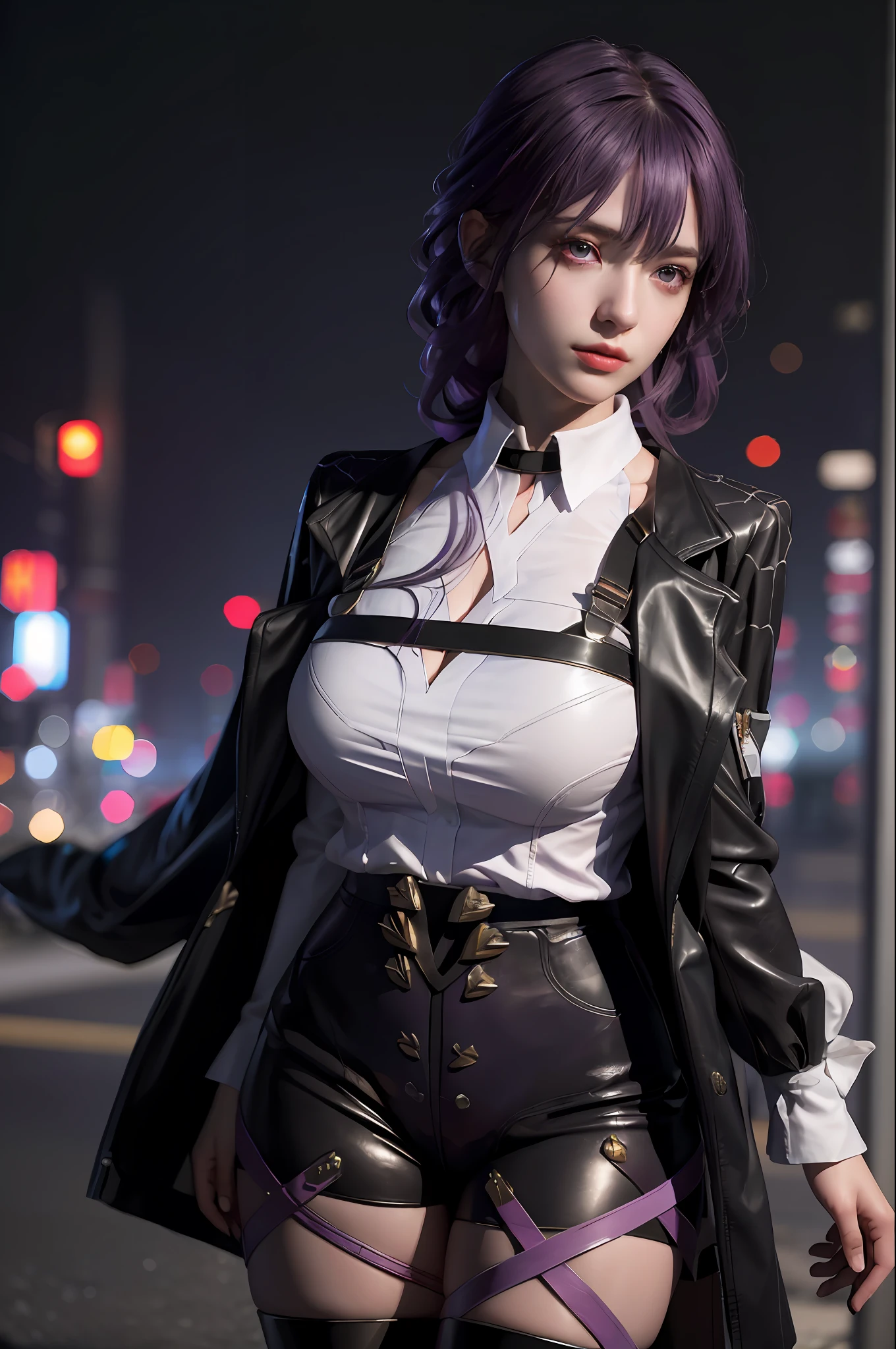 (photorealistic:1.4), raw photo, 1girl, purple eyes, purple hair, (eyewear on head), stellaron hunters outfit,  black jacket, jacket on shoulders, shirt, shorts, pantyhose, boots,deep shadow,  detailed face, detailed eyes, depth of field, bokeh, vibrant details, finely detailed, hyperrealistic, 35mm film, hazy blur,upper body,, masterpiece,ultra realistic,32k,extremely detailed CG unity 8k wallpaper, best quality