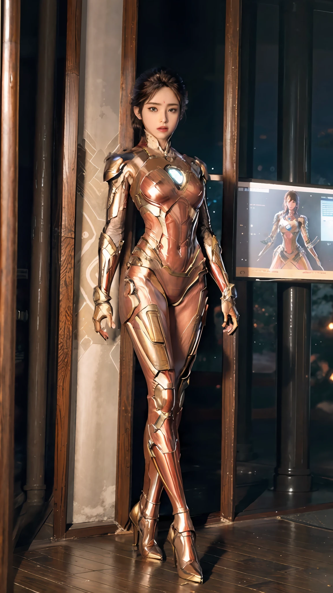 Alto, bem proporcionado, vestindo a armadura do Homem de Ferro, mostrando o charme das mulheres, o efeito visual é lindo.