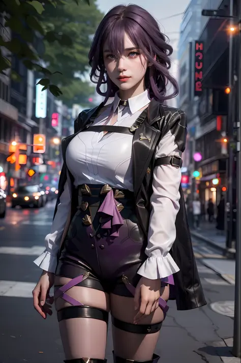 (photorealistic:1.4), raw photo, 1girl, purple eyes, purple hair, (eyewear on head), stellaron hunters outfit,  black jacket, ja...