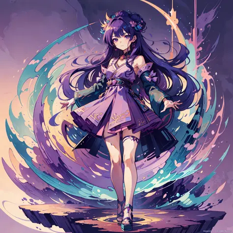 flat ilustration anime girl with long purple hair wearing a purple dress and a tiable, an anime drawing by Kamagurka, pixiv, fantasy art, detailed digital anime art, anime style 4 k, detailed anime art, anime goddess, beautiful anime art style, anime princ...