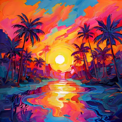 a painting of a sunset with palm trees and a body of water, beautiful art, an abstract tropical landscape, jen bartel, stunning ...