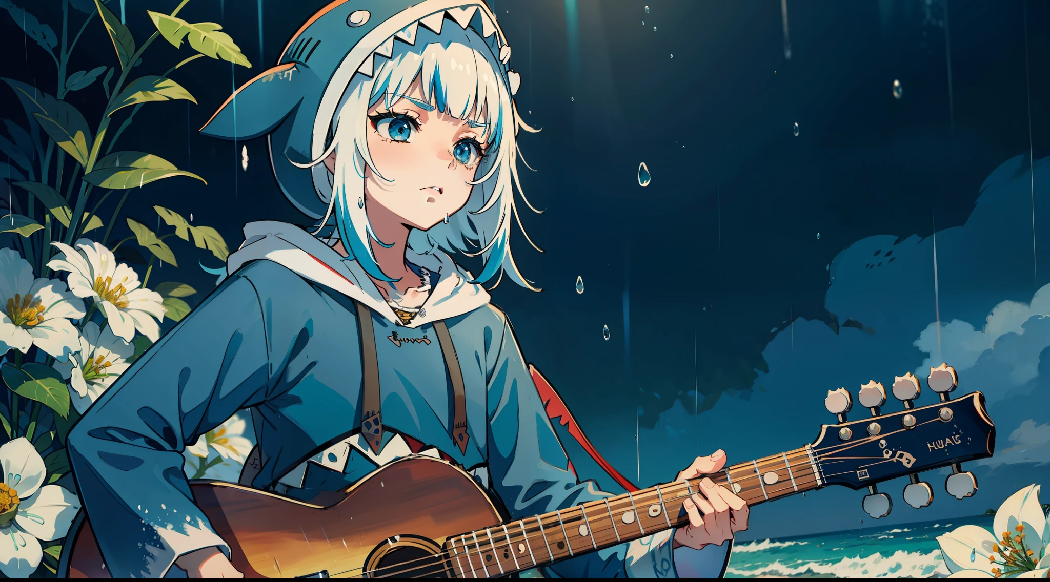 gawr gura, sharp teeth, shark tail, gawr gura, blue hoodie, shark hood, playing guitar, nature abundant, flowers in the air, sad expression, a little bit of rain