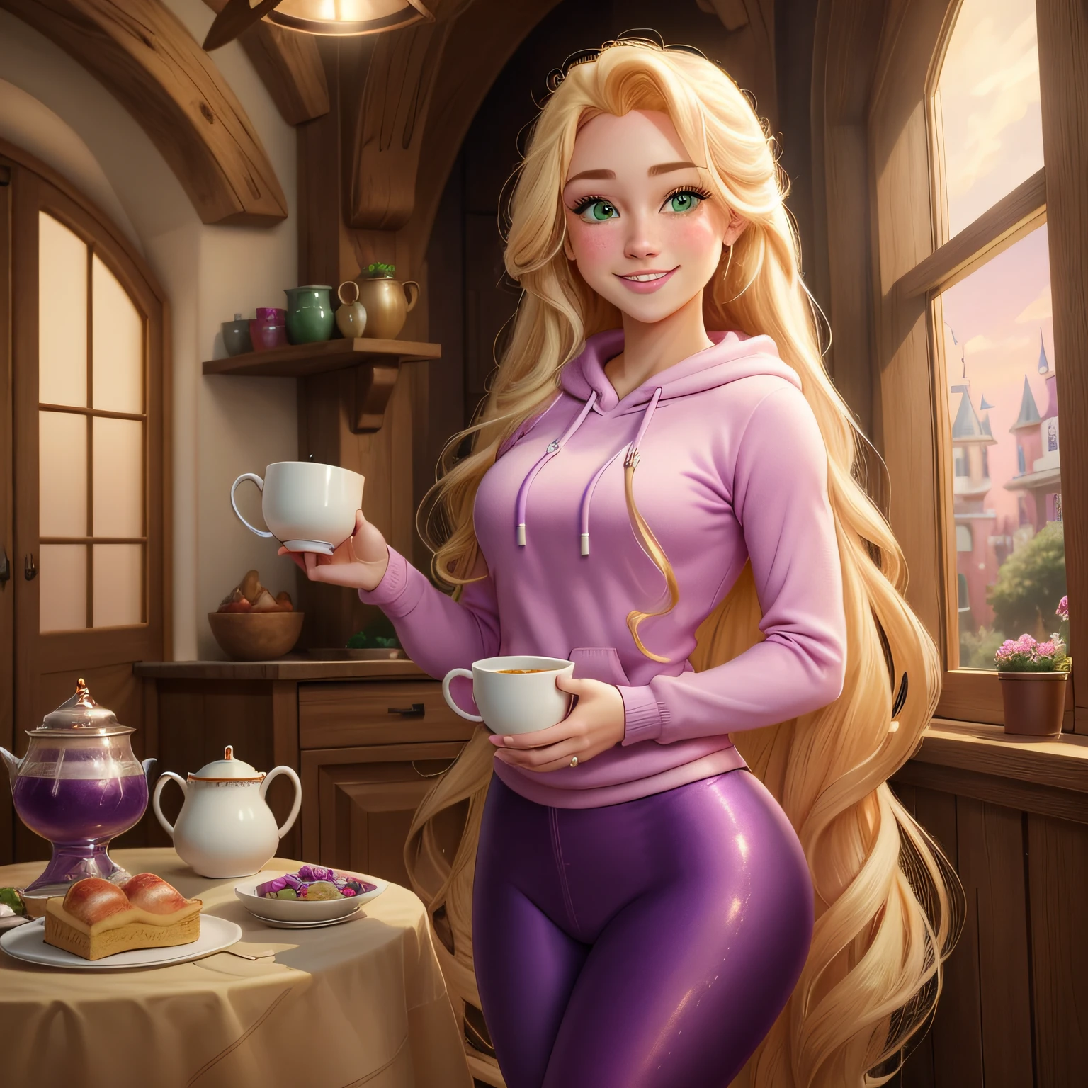 (RapunzelWaifu: 1.2), masterpiece, perfect lighting, cinematic lighting, adult, woman, green eyes, freckles, blush, solo, purple leggings, pink hoodie, blonde, very long hair, more definition, smile with teeth, having a cup of hot chocolate, looking at the window